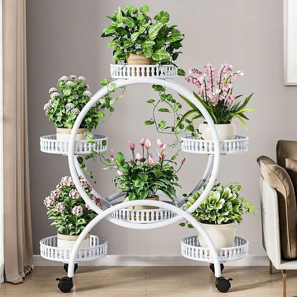 Fin White Metal Plant Stand 6-Potted Flower Pot Holder W Wheels 4 Tier Display Shelf - Image 4