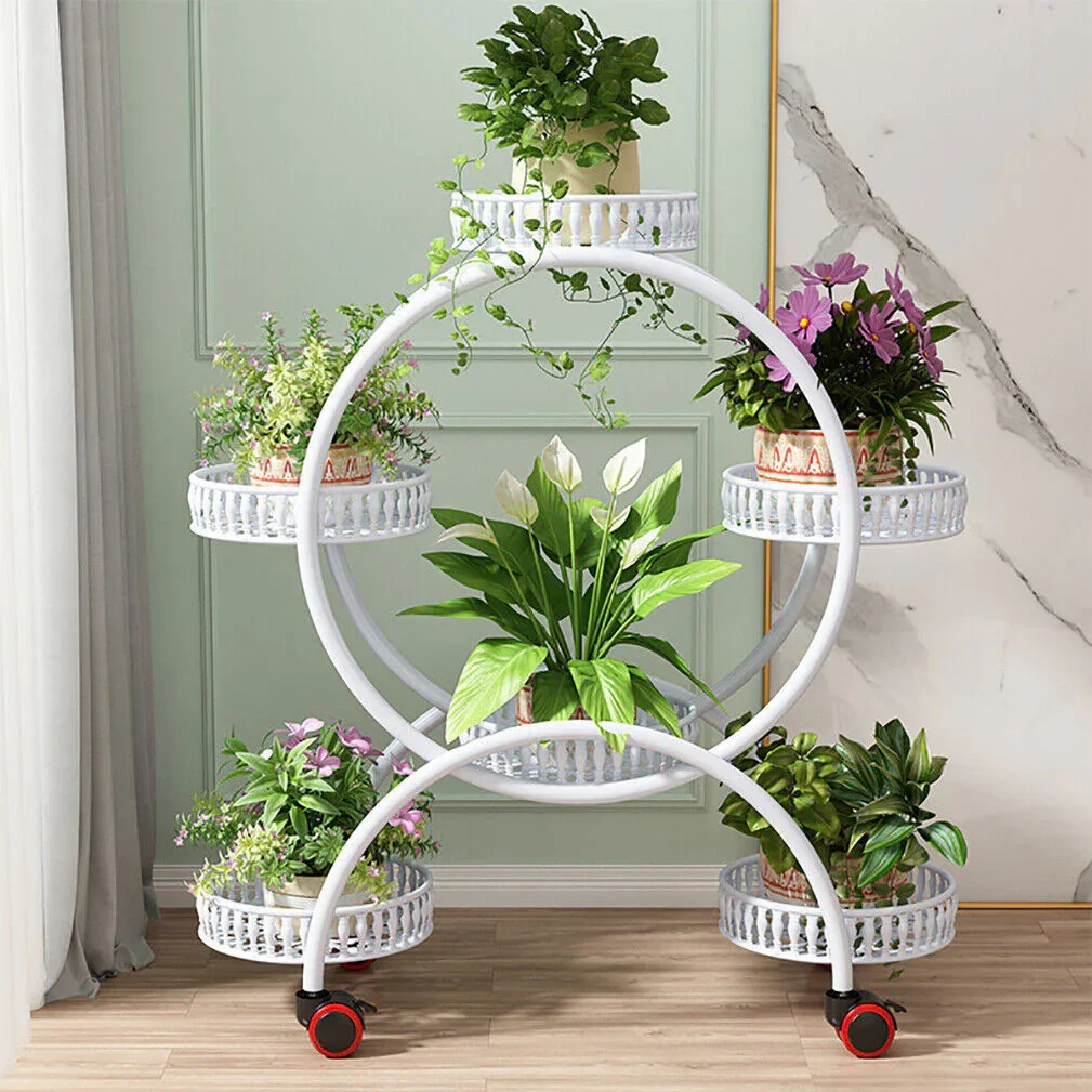 Fin White Metal Plant Stand 6-Potted Flower Pot Holder W Wheels 4 Tier Display Shelf - Image 6