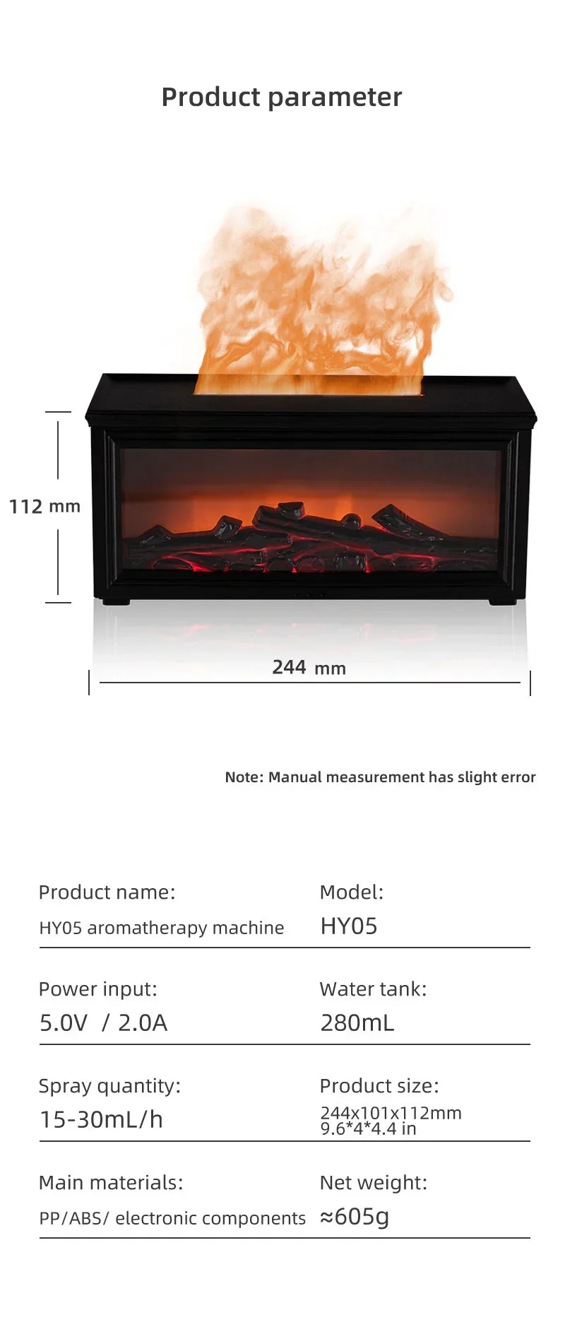 Fireplace Flame Effect Aroma Diffuser & Humidifier with 7-Colour Light, Timer & Remote Control(Dark Wood Grain) - Image 11