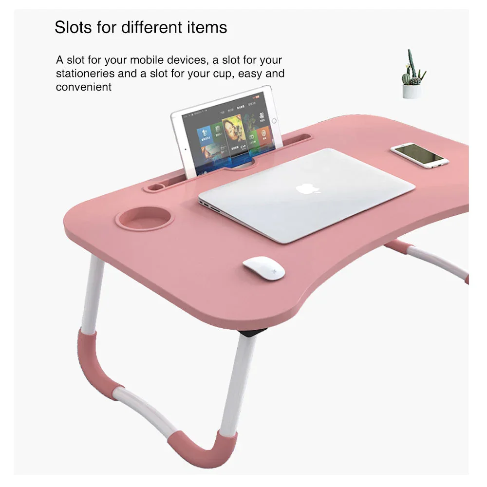 Foldable Desk Laptop Stand Table Bed Computer Study Adjustable Portable Cup Slot(White) - Image 3
