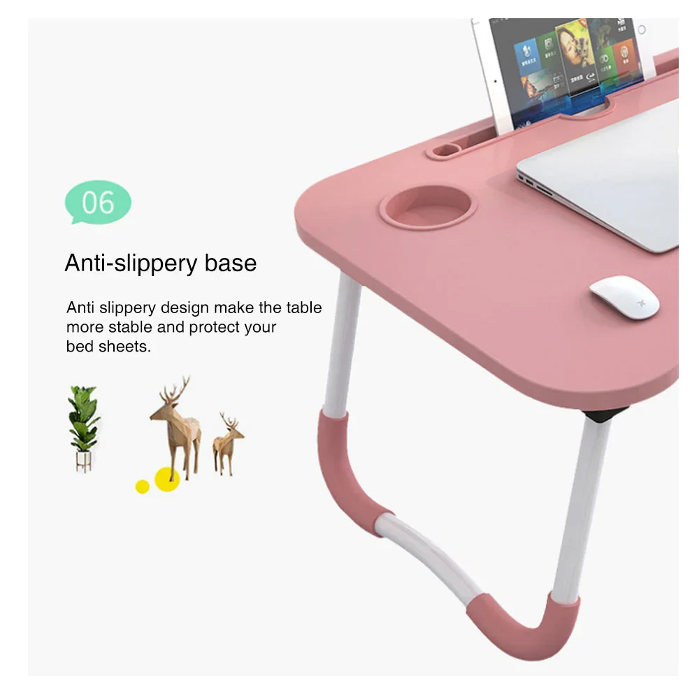 Foldable Desk Laptop Stand Table Bed Computer Study Adjustable Portable Cup Slot(White) - Image 4