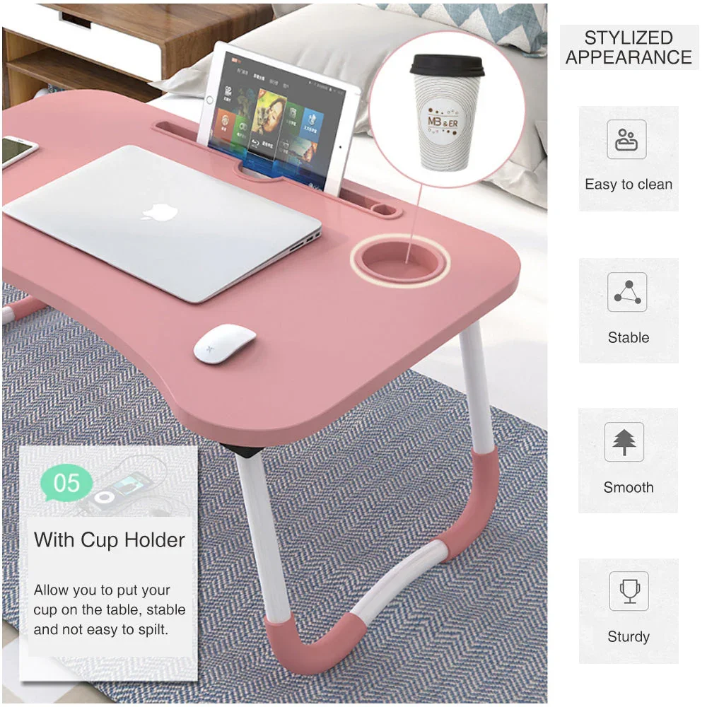 Foldable Desk Laptop Stand Table Bed Computer Study Adjustable Portable Cup Slot(White) - Image 5
