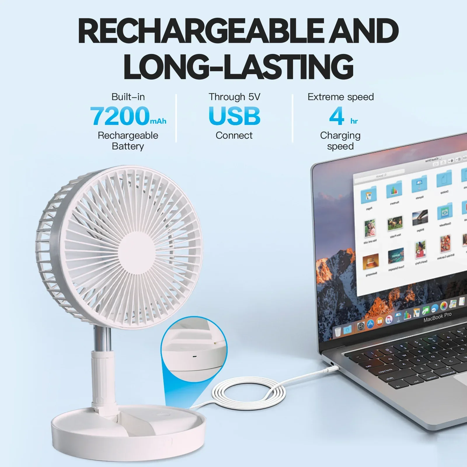 Folding Telescopic 4.5W Portable Height/Tilt Adjustable Rechargeable Cordless Fan - Image 3