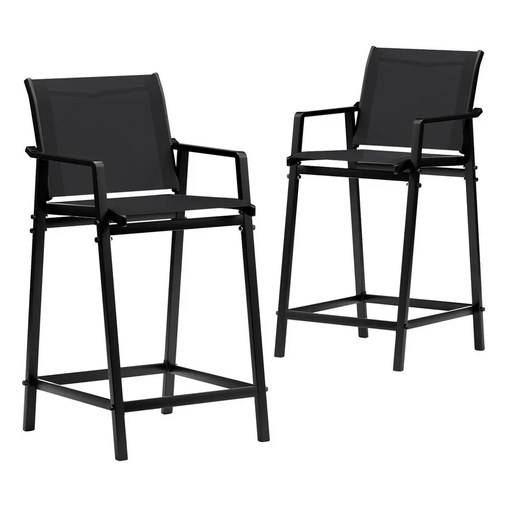 2PC Outdoor Bar Stools Steel Dining Chairs Patio Furniture Garden Black - Image 6