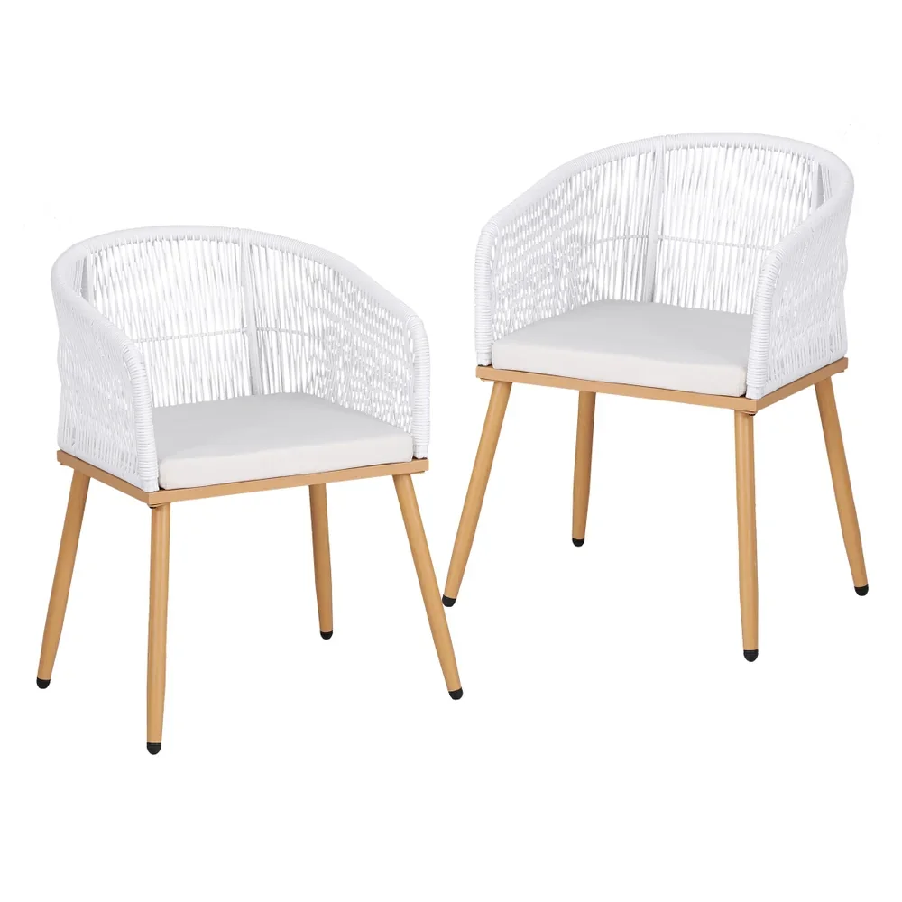 2PC Outdoor Dining Chairs Wicker Chair Patio Furniture Garden Steel White - Image 2
