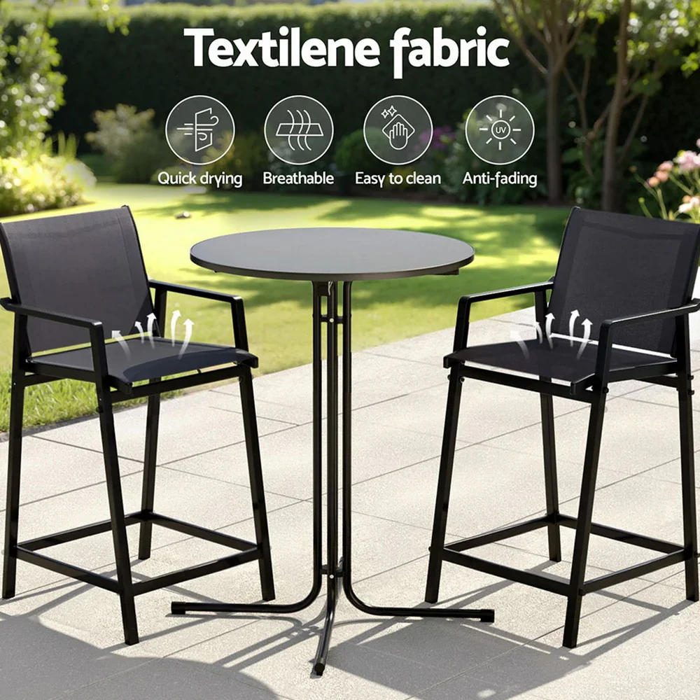 3PC Outdoor Bar Set Stools Dining Chairs Table Patio Furniture Bistro Set Steel Black - Image 3
