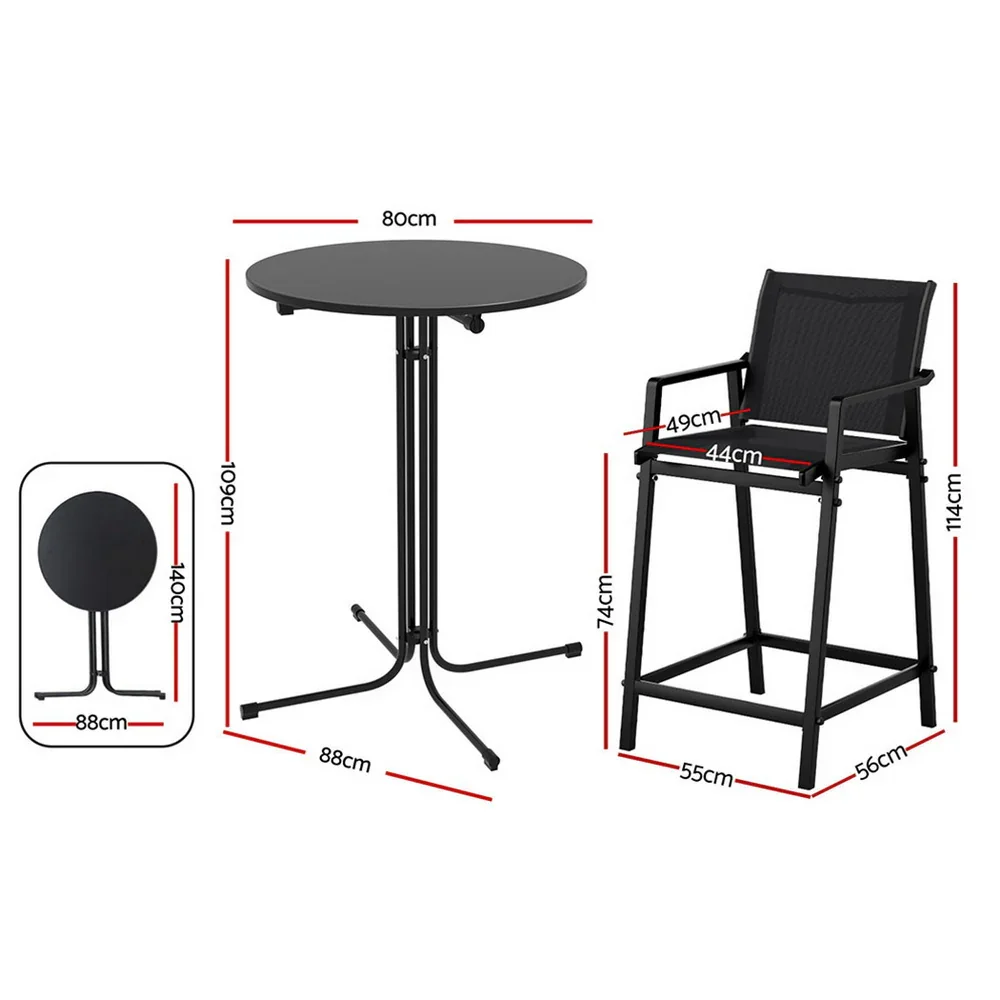 3PC Outdoor Bar Set Stools Dining Chairs Table Patio Furniture Bistro Set Steel Black - Image 5