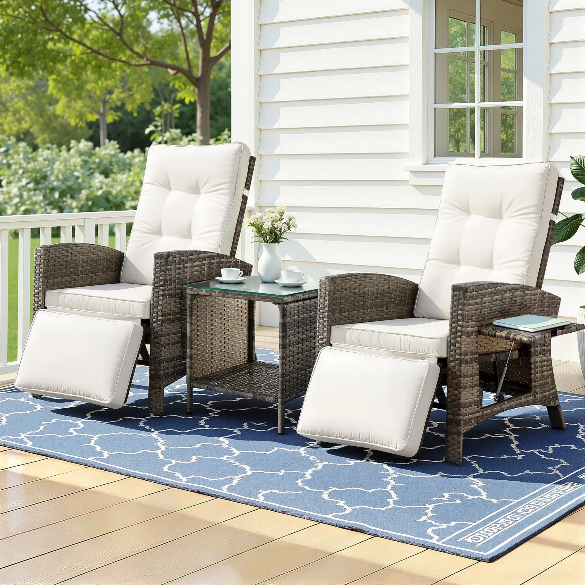 3PC Outdoor Bistro Set Recliner Chairs Table Sun lounge Patio Furniture Wicker Adjustable