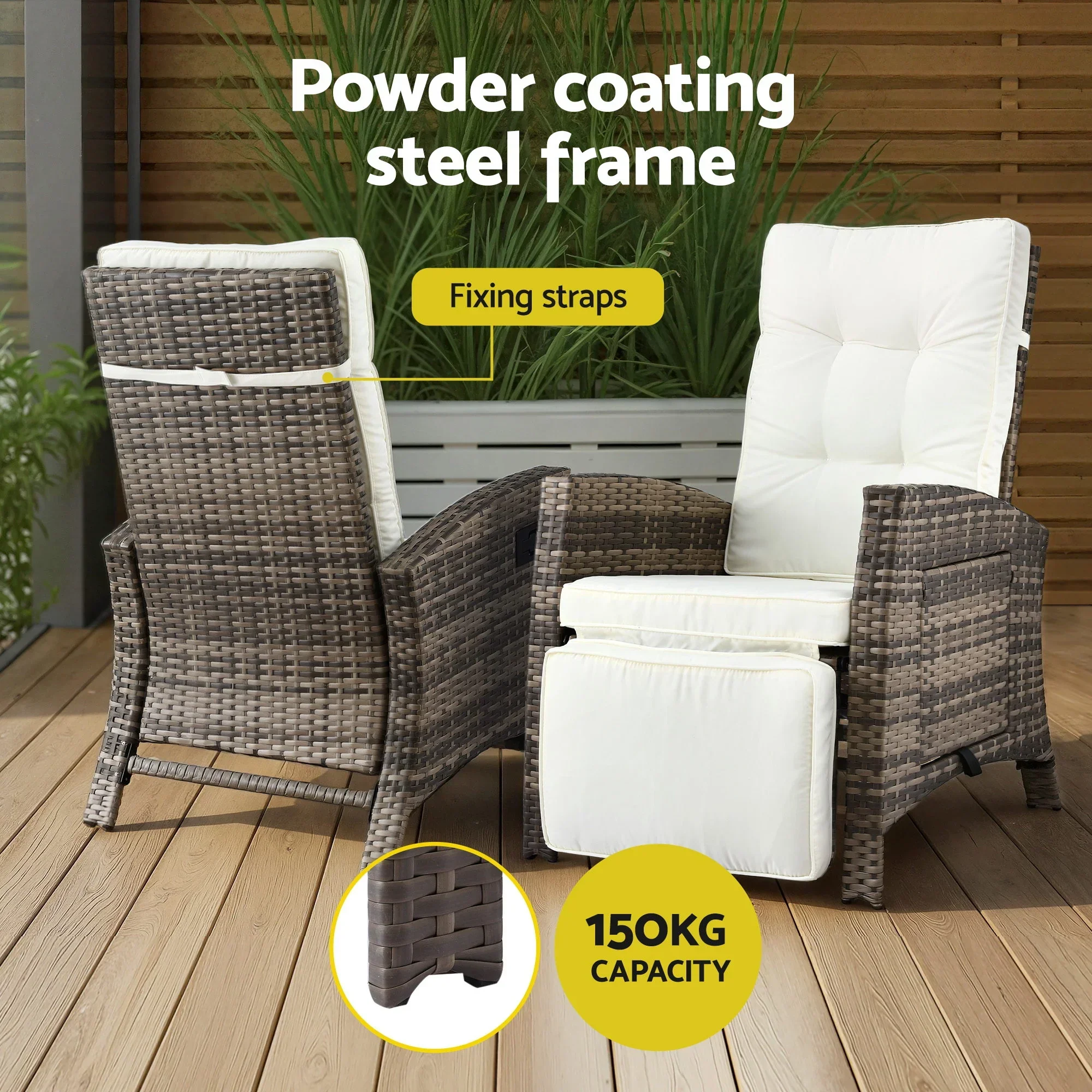 3PC Outdoor Bistro Set Recliner Chairs Table Sun lounge Patio Furniture Wicker Adjustable - Image 6