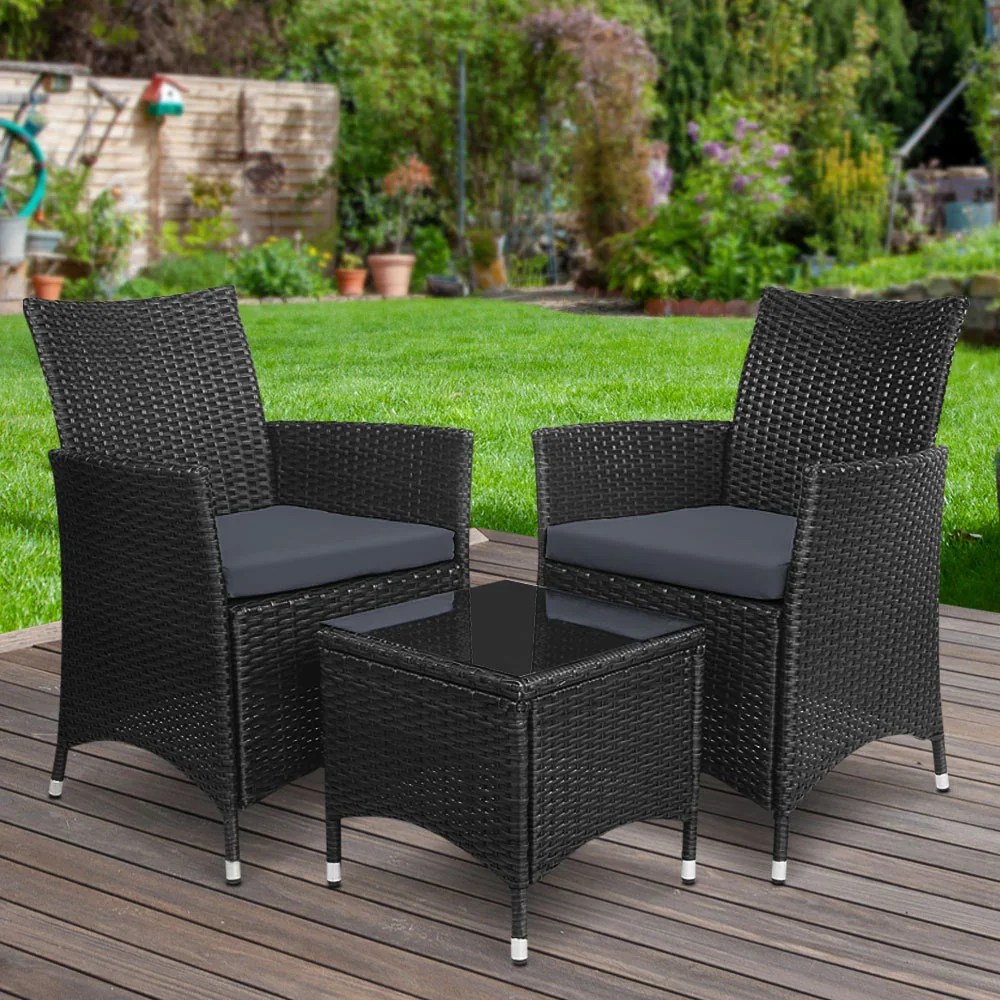 3PC Outdoor Bistro Set Patio Furniture Wicker Chairs Table Cushion All Black - Image 8