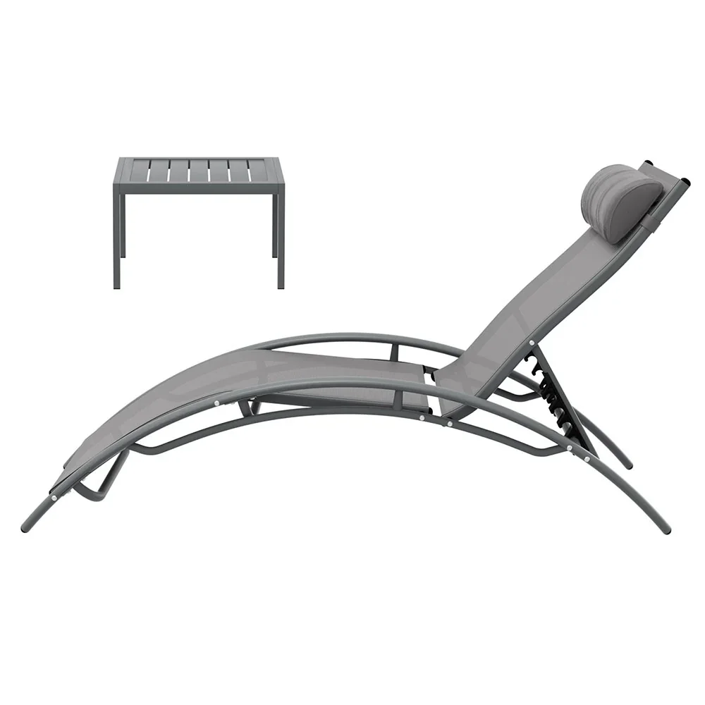 3PC Sun Lounge Outdoor Lounger Steel Table Chairs Patio Furniture Grey - Image 6