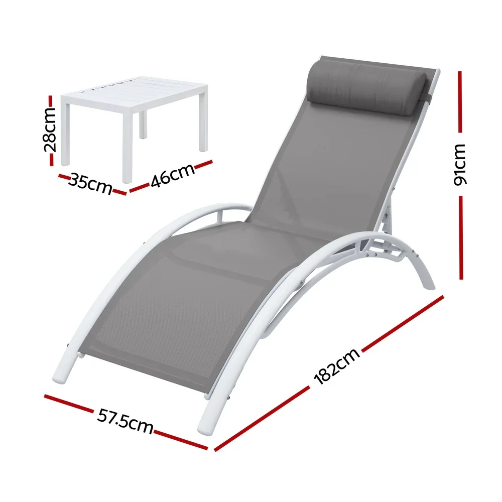 3PC Sun Lounge Outdoor Lounger Table Chairs Steel Patio Furniture Garden - Image 2