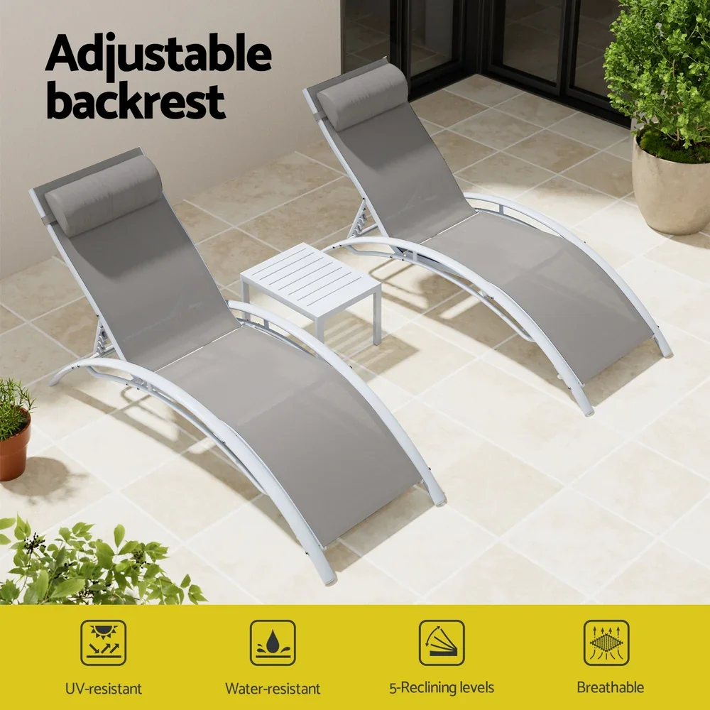 3PC Sun Lounge Outdoor Lounger Table Chairs Steel Patio Furniture Garden - Image 4