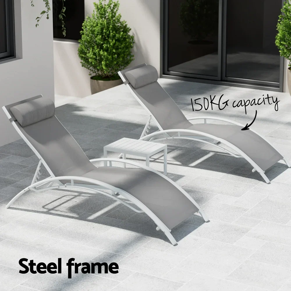 3PC Sun Lounge Outdoor Lounger Table Chairs Steel Patio Furniture Garden - Image 5