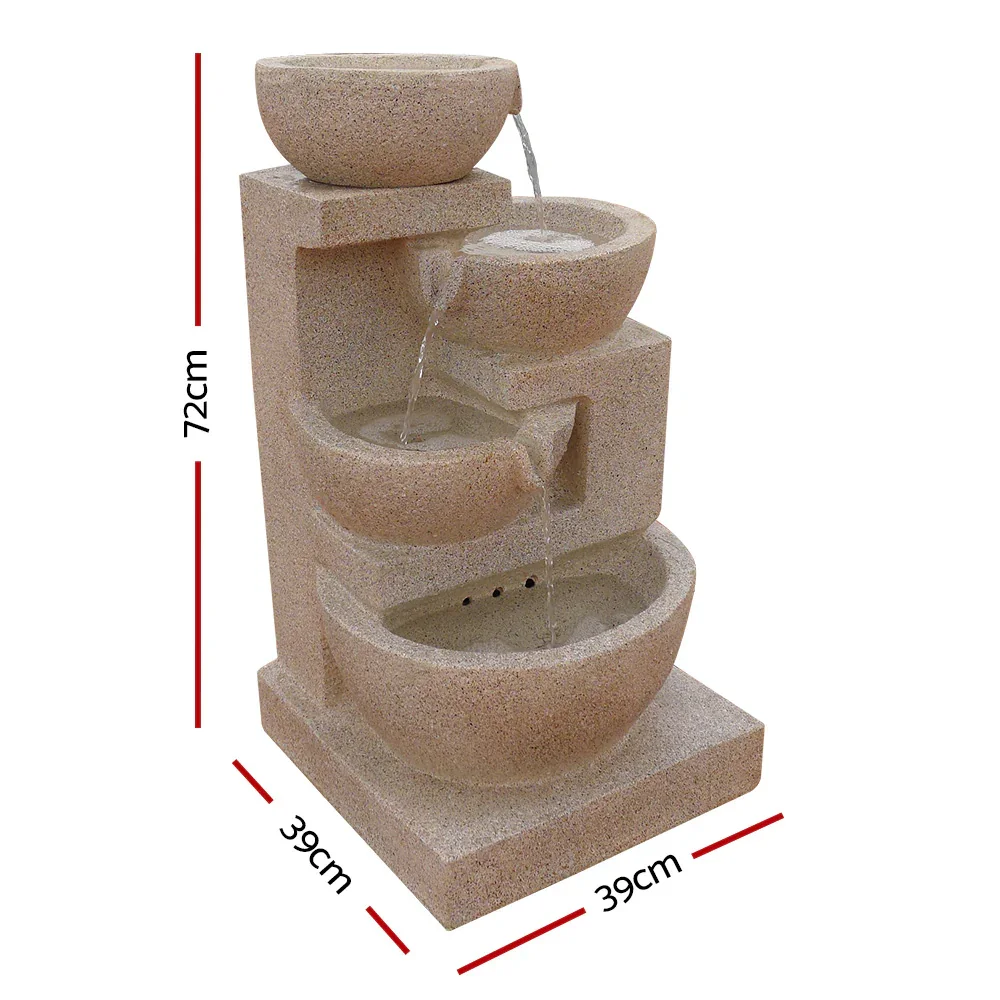 Solar Water Feature Cascading Fountain 4-Tier Bowl LED Lights 72CM Sand - Image 3