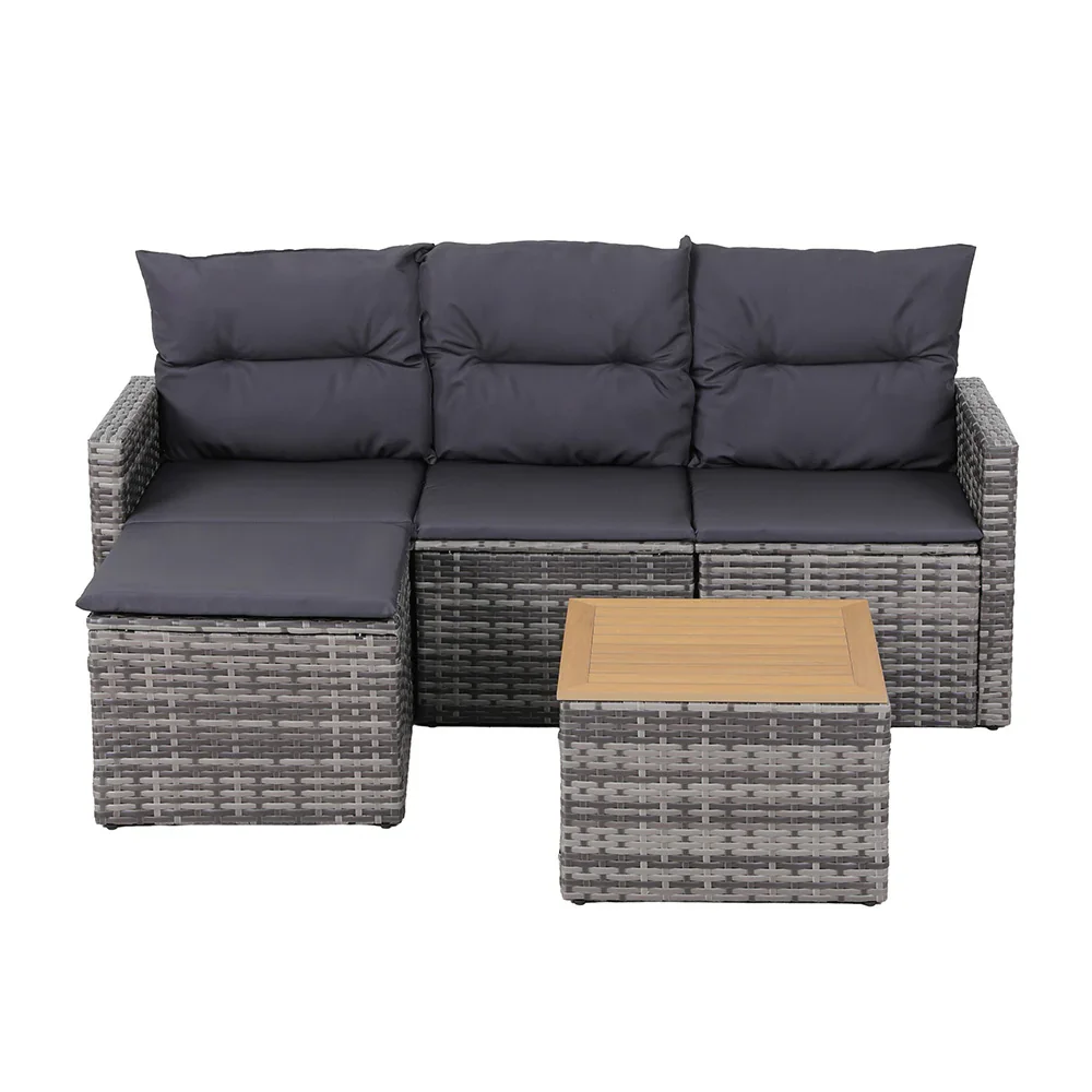5 Pieces Outdoor Sofa Set 4-Seater Grey Rattan Patio Furniture Table and Chair Setting - Image 4