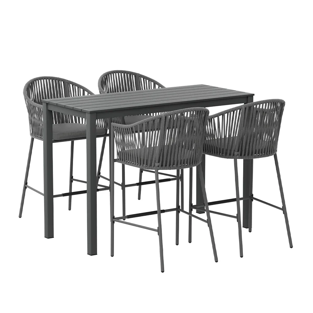 5-Piece Outdoor Bar Set Dining Table Rope Chair Patio Bistro Set - Image 3