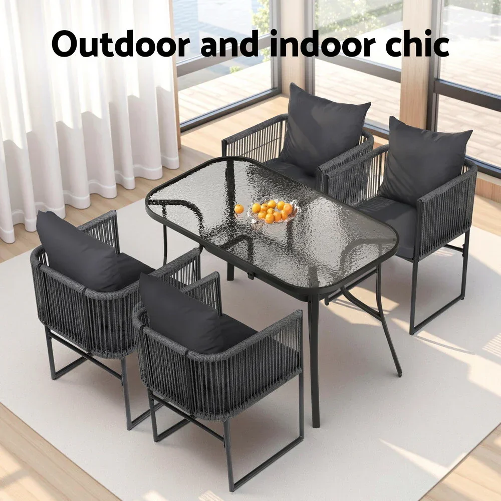 5PCS Outdoor Dining Set Table and Chairs Rope Patio Furniture Garden Black - Image 7