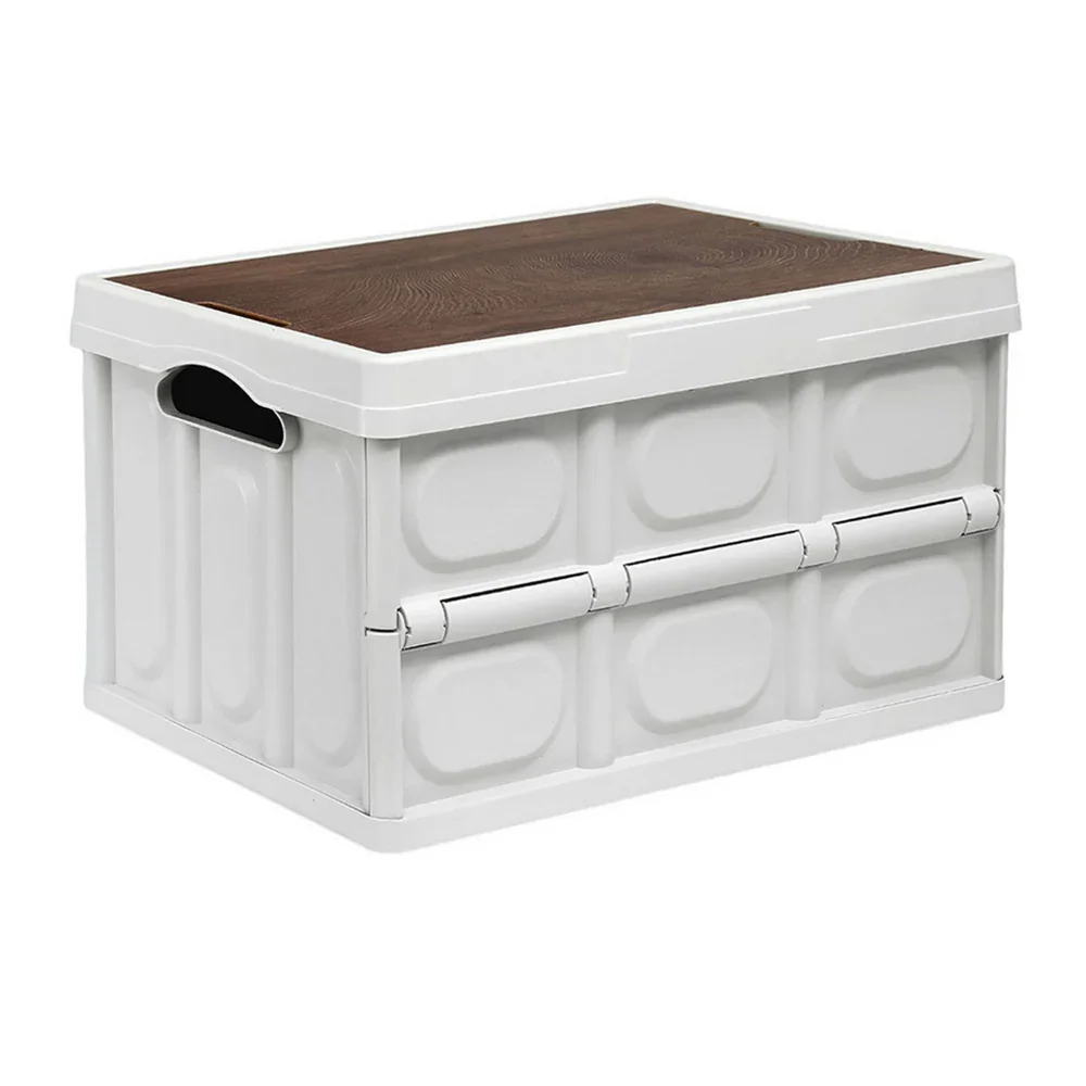 Collapsible Outdoor Storage Box 50L Stackable Folding Camping Organizer Plywood Lid Beige - Image 2
