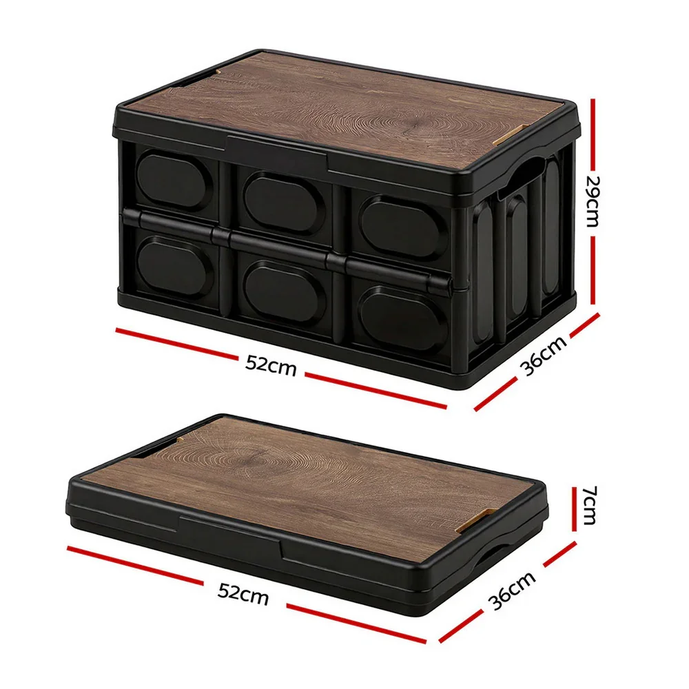 Collapsible Outdoor Storage Box 50L Stackable Folding Camping Organizer Plywood Lid Black - Image 3