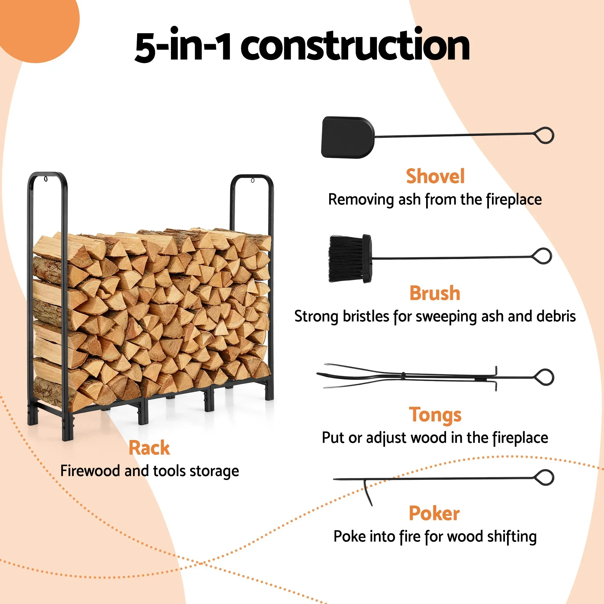 Firewood Rack 120cm Wood Rack 3 Sizes Firewood Storage with Tools Black - Image 4