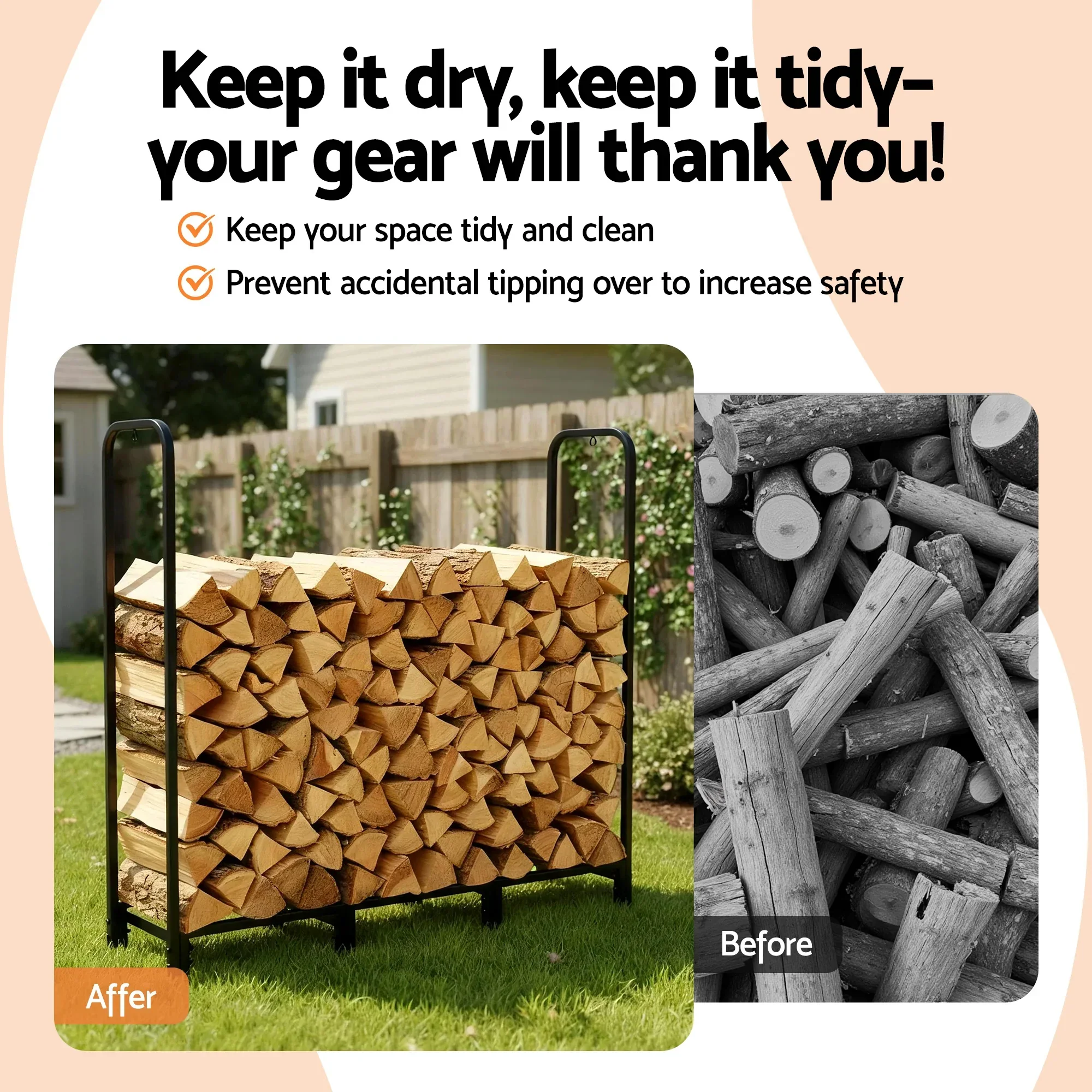 Firewood Rack 120cm Wood Rack 3 Sizes Firewood Storage with Tools Black - Image 6