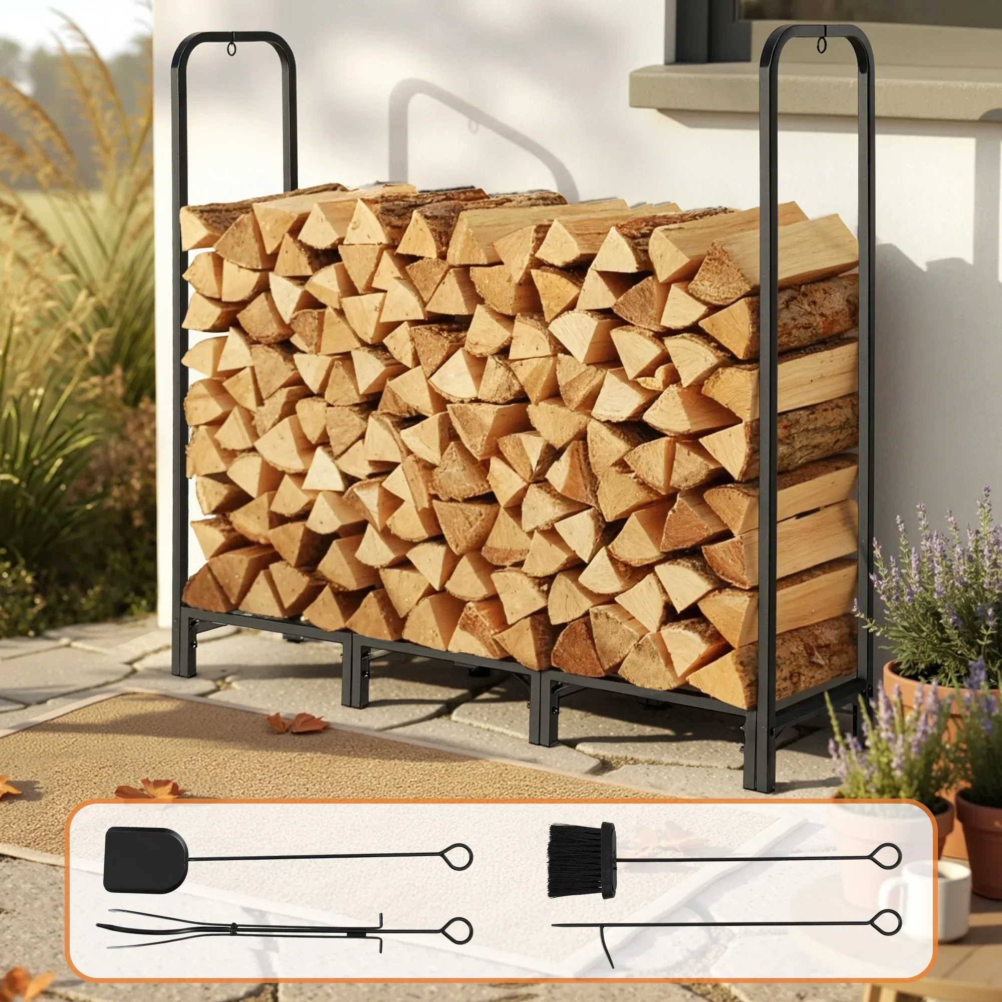 Firewood Rack 120cm Wood Rack 3 Sizes Firewood Storage with Tools Black - Image 7