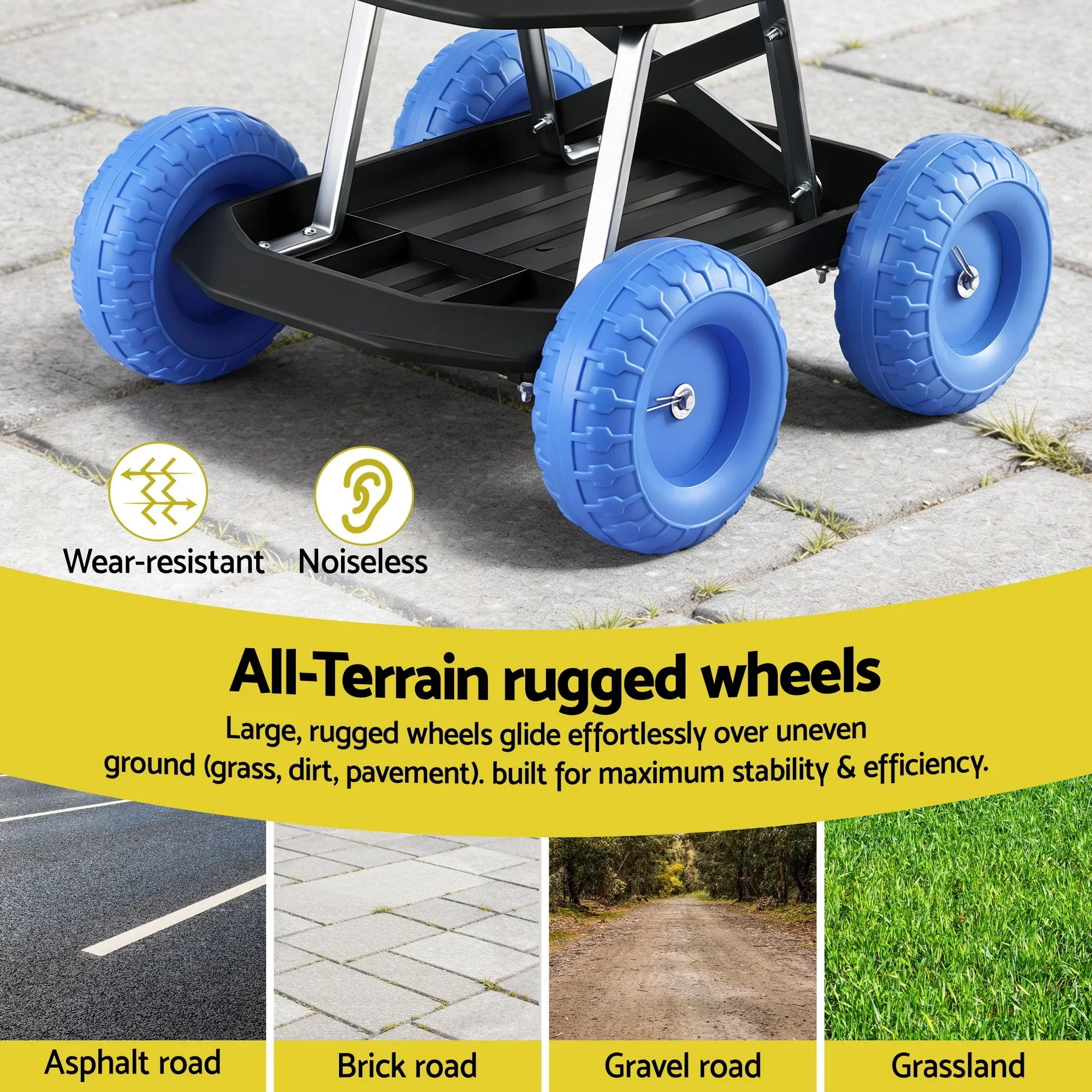 Garden Cart Seat with Wheels, Rolling Work Stool with Tool Storage Tray, 440lbs (200kg) Heavy Duty Capacity Garden Stool for Outdoor Yard Work, Car Detailing, and Garage Maintenance, Blue/Black - Image 5