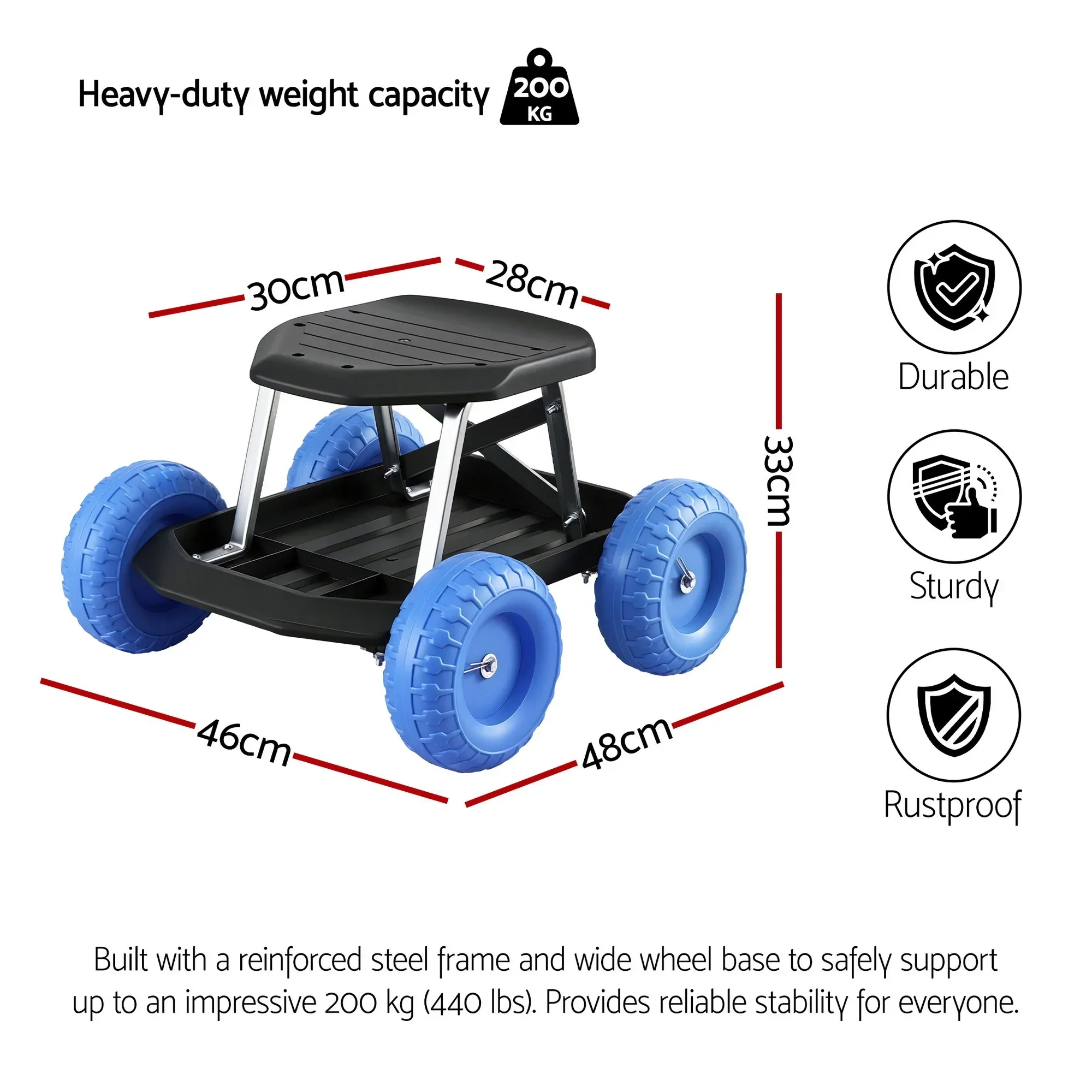Garden Cart Seat with Wheels, Rolling Work Stool with Tool Storage Tray, 440lbs (200kg) Heavy Duty Capacity Garden Stool for Outdoor Yard Work, Car Detailing, and Garage Maintenance, Blue/Black - Image 7