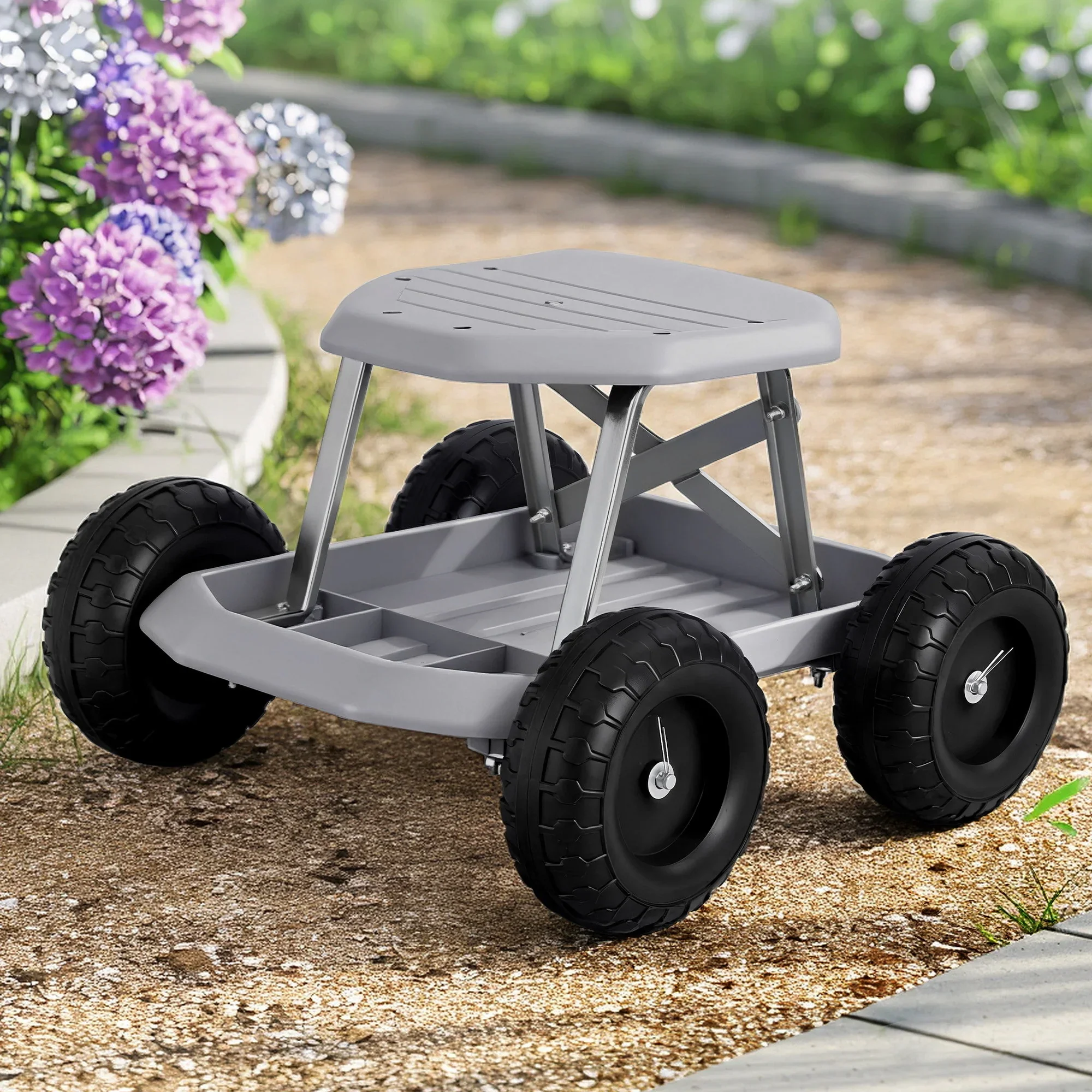 Garden Cart Seat with Wheels, Rolling Work Stool with Tool Storage Tray, 440lbs (200kg) Heavy Duty Capacity Garden Stool for Outdoor Yard Work, Car Detailing, and Garage Maintenance, Grey/Black