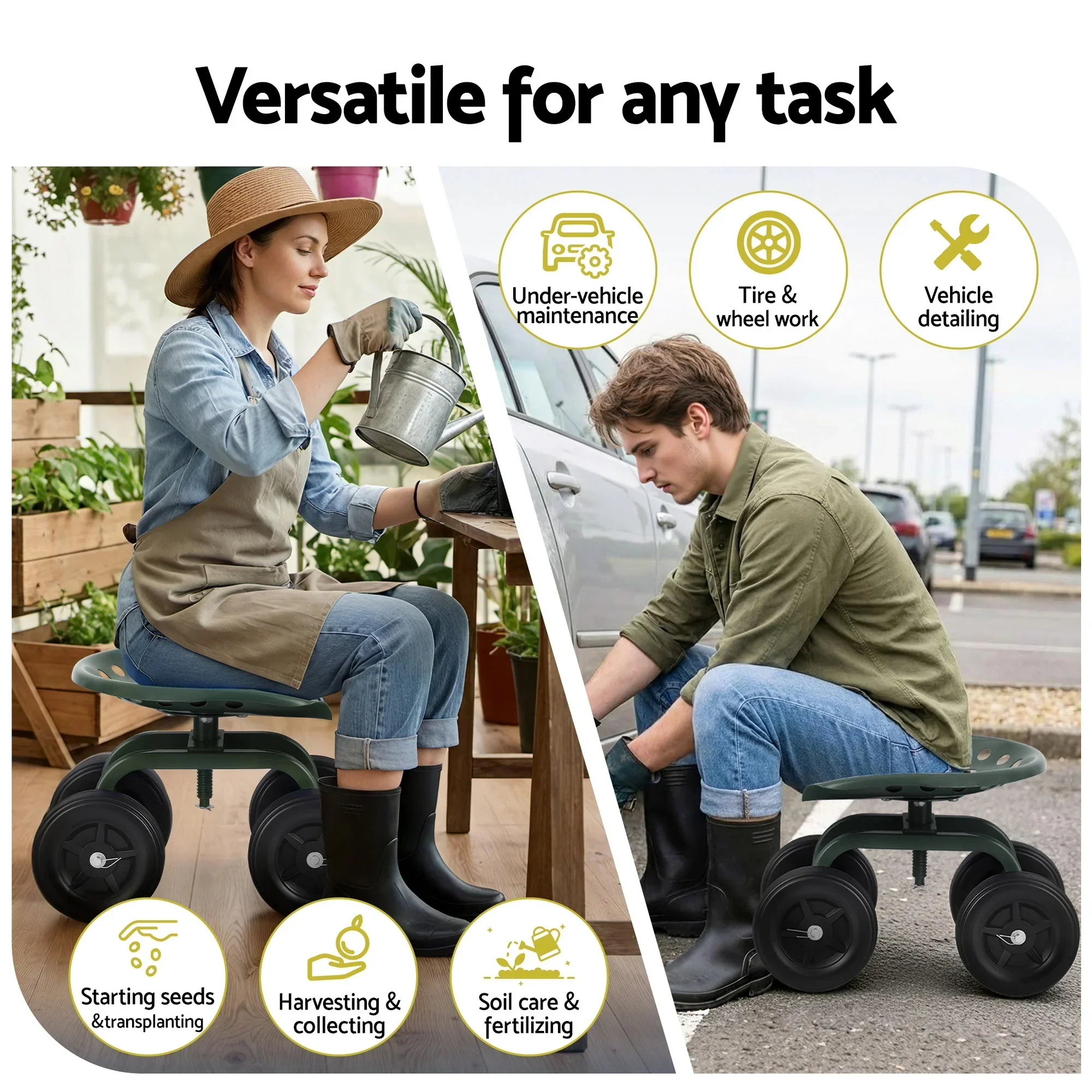Garden Seat 360 Swivel Rolling Adjustable Height Work Scooter Cart Wheels Heavy Duty 150kg - Image 2
