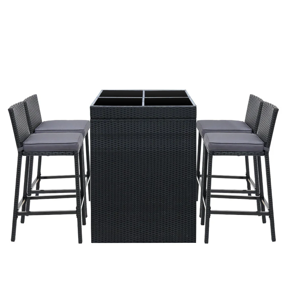 5-Piece Outdoor Bar Set Dining Table Stools Wicker Patio Setting - Image 3