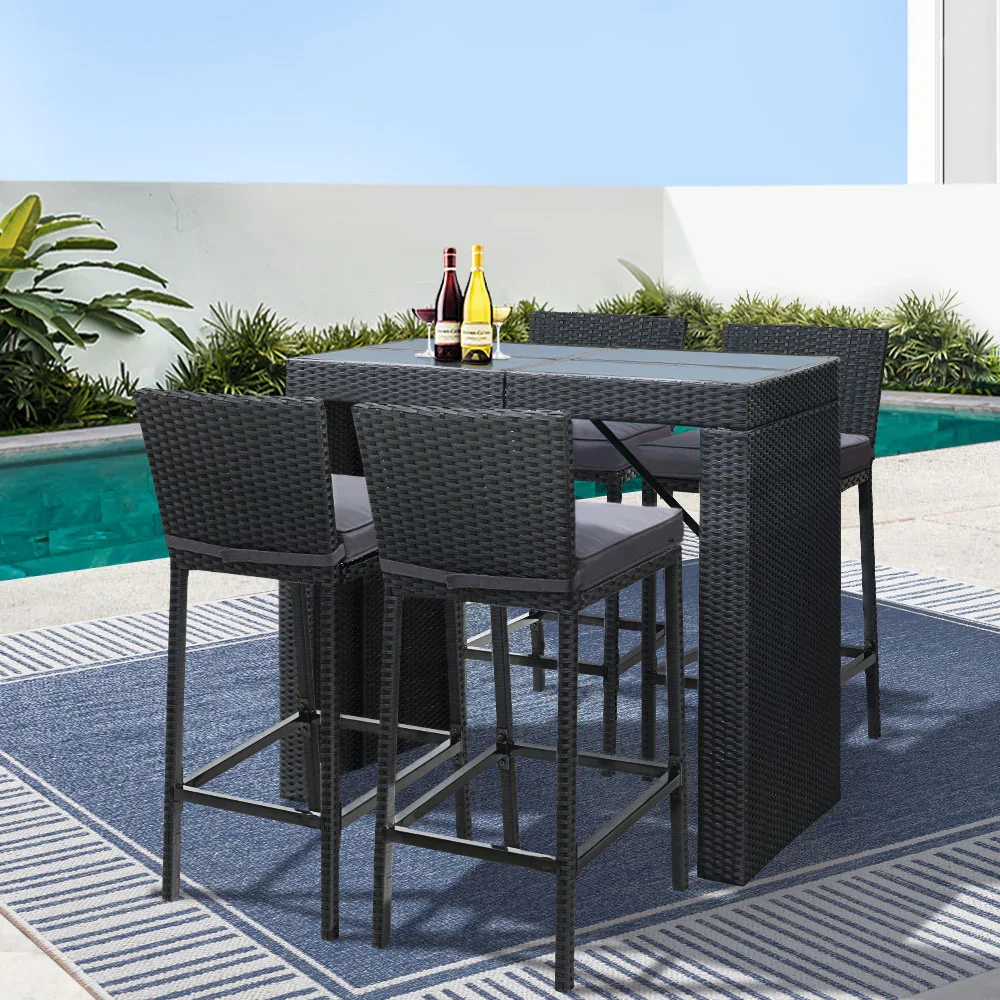 5-Piece Outdoor Bar Set Dining Table Stools Wicker Patio Setting - Image 8