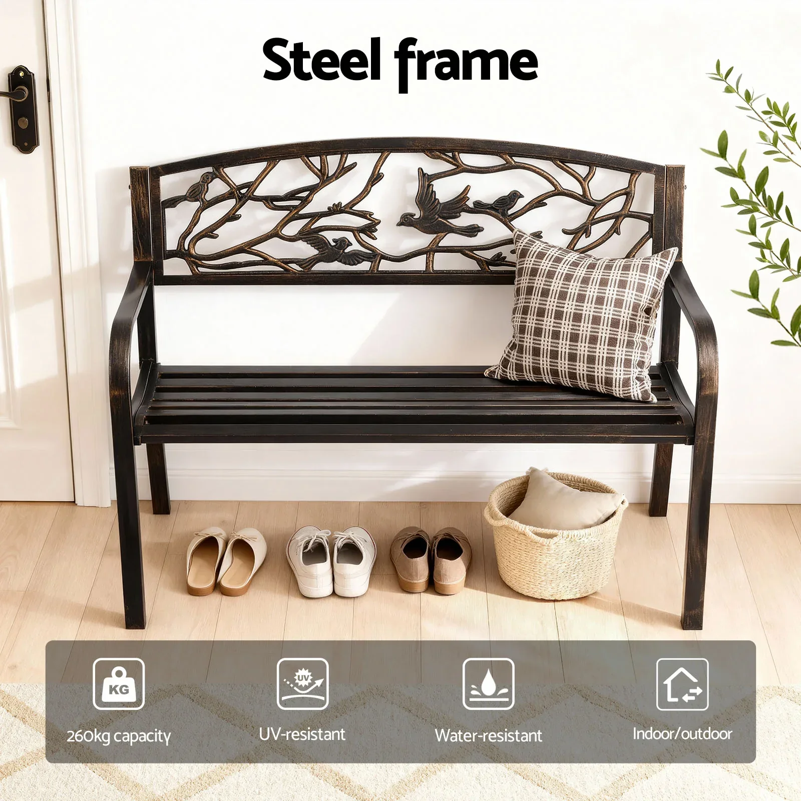 Outdoor Bench Seat Garden Steel Outdoor Furniture 3 Seater Park Bronze - Image 2