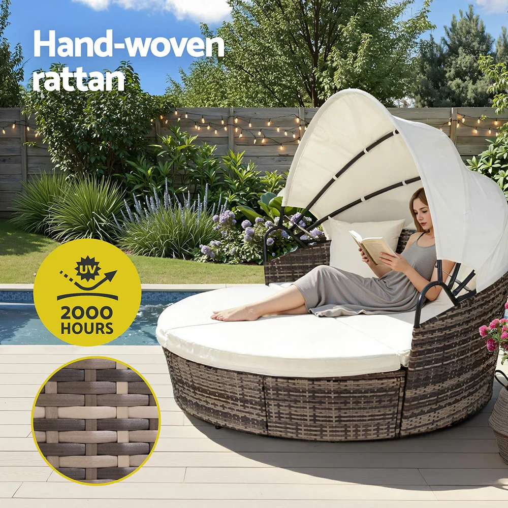 Outdoor Day Bed Sun Lounge Setting Wicker Lounger Furniture Patio Beige Set of 3 - Image 7