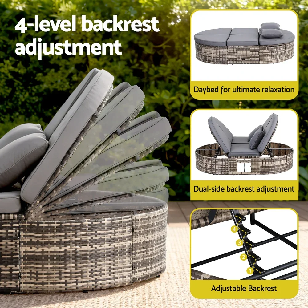 Outdoor Day Bed Sun Lounge Setting Wicker Lounger Patio Furniture w/ Retractable Side Tray - Image 6