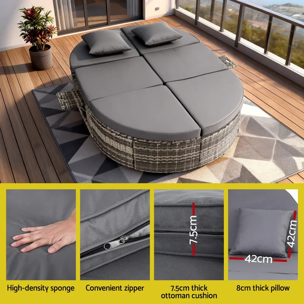 Outdoor Day Bed Sun Lounge Setting Wicker Lounger Patio Furniture w/ Retractable Side Tray - Image 8
