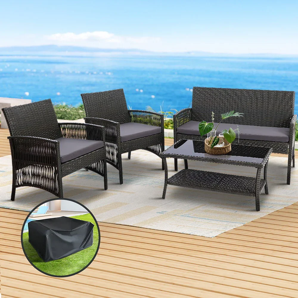 4PCS Outdoor Sofa Set with Storage Cover Wicker Harp Chair Table Grey - Image 7