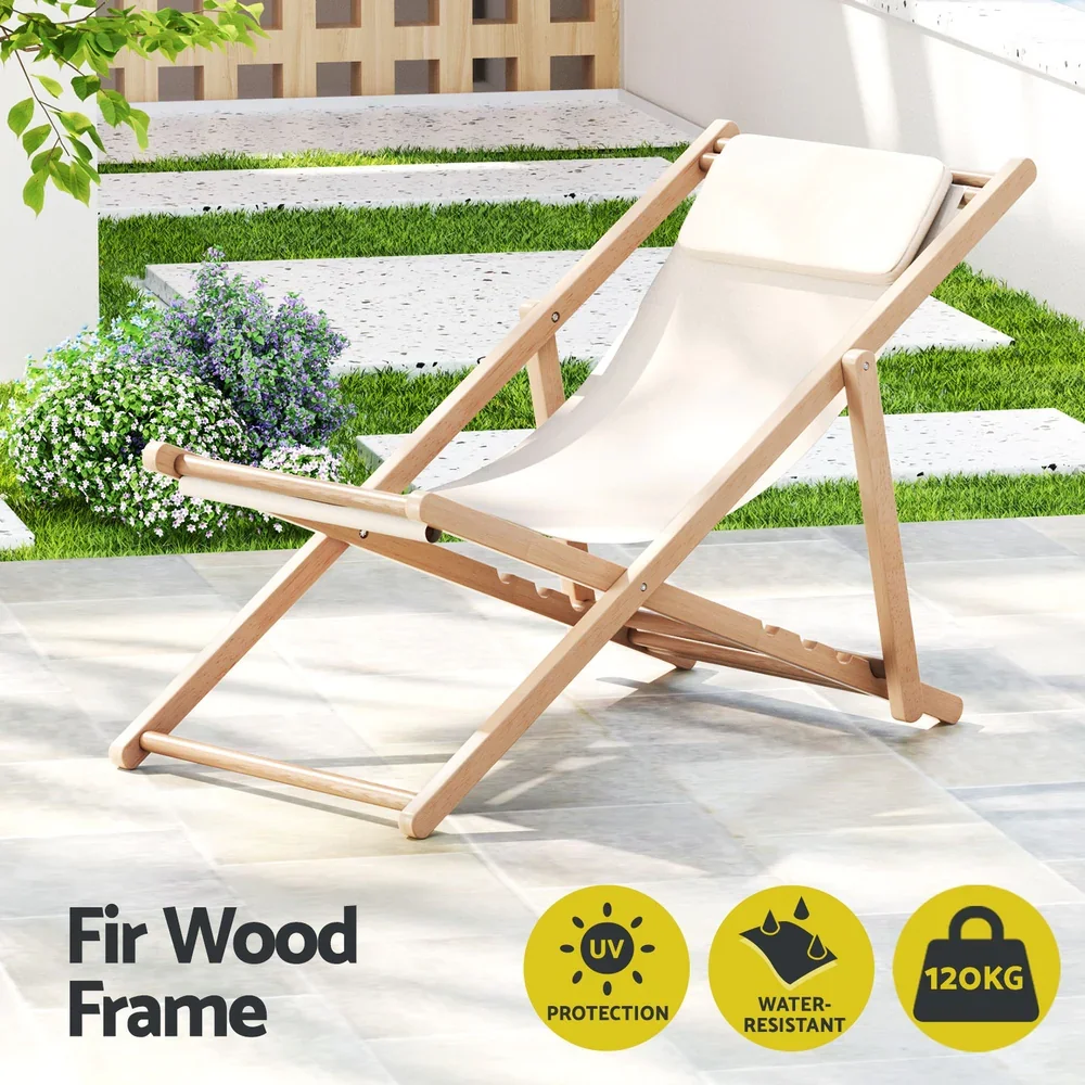Outdoor Deck Chair Wooden Sun Lounge Folding Beach Patio Furniture Beige - Image 4
