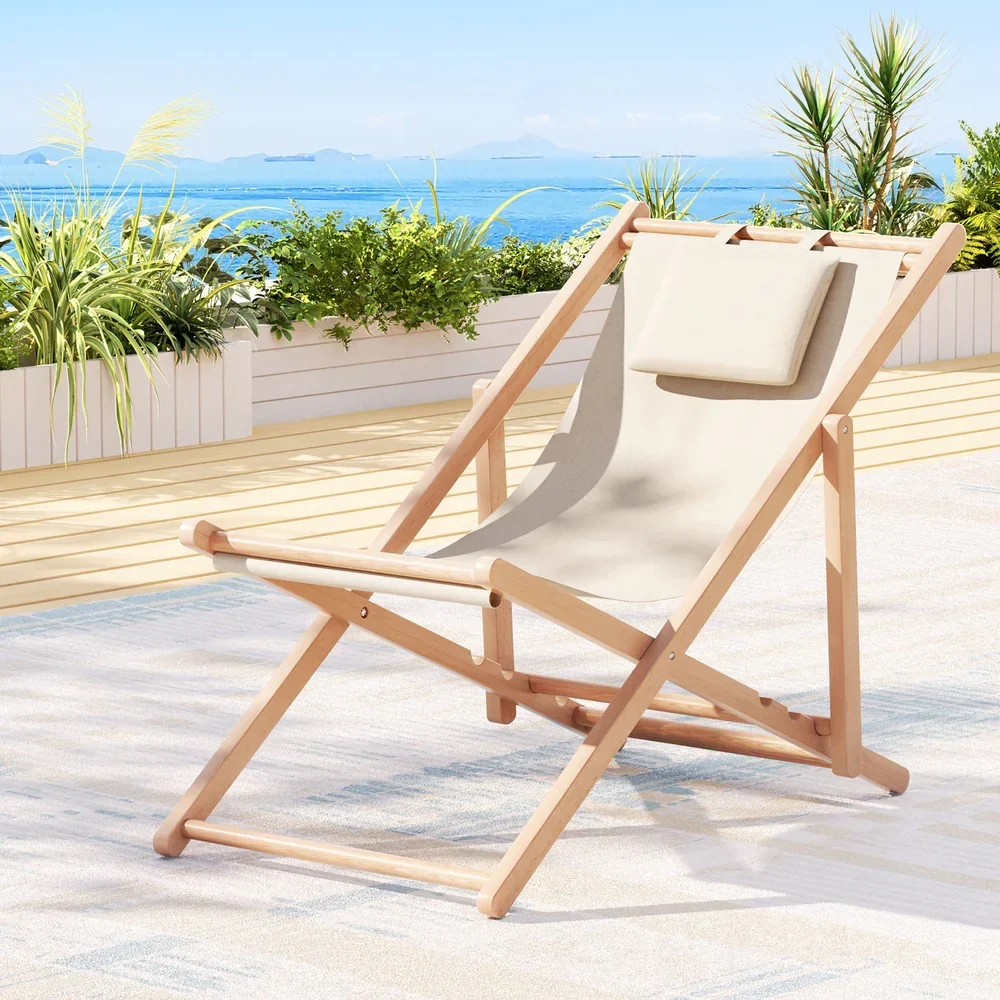 Outdoor Deck Chair Wooden Sun Lounge Folding Beach Patio Furniture Beige - Image 7