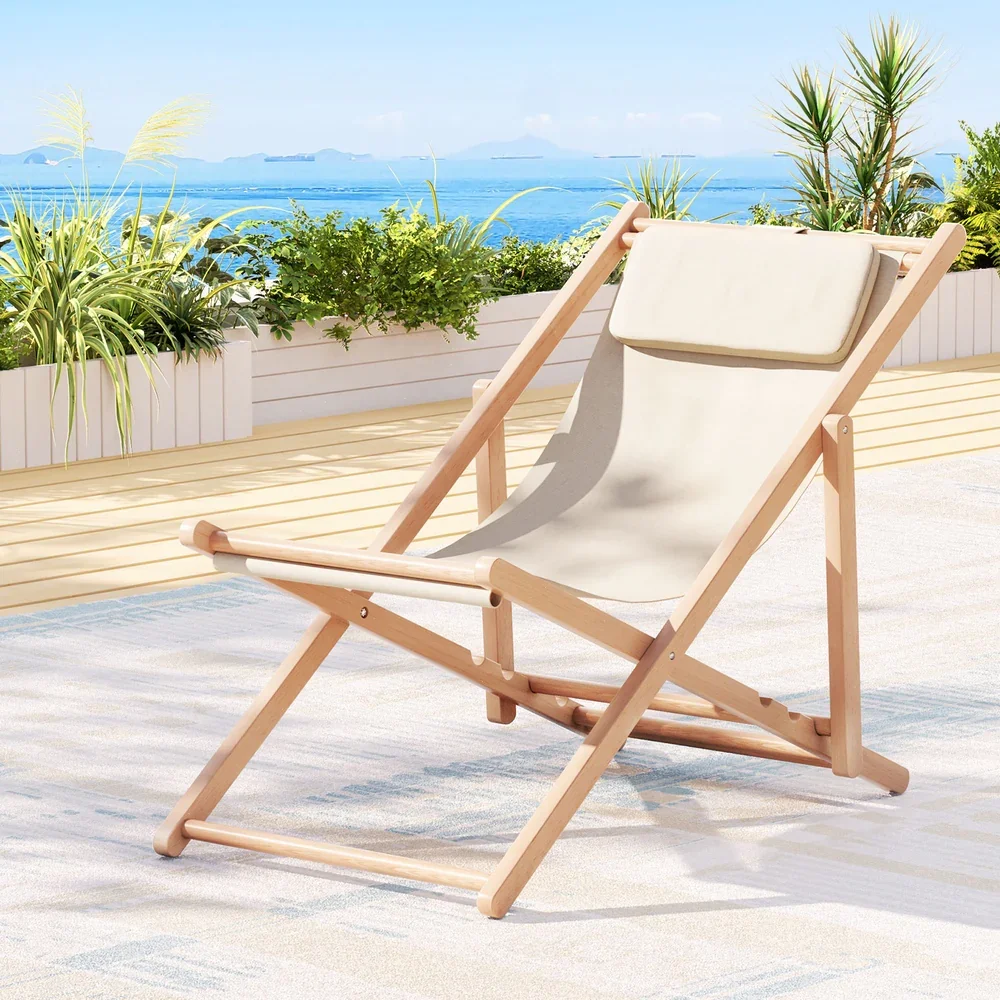 Outdoor Deck Chair Wooden Sun Lounge Folding Beach Patio Furniture Beige - Image 8