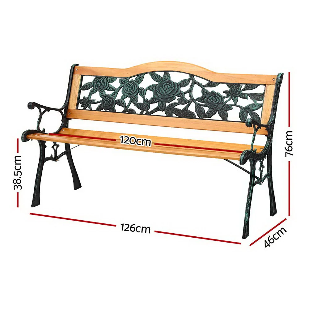 Outdoor Garden Bench Seat 126cm Wooden Cast Iron 3 Seater Patio Furniture - Image 2