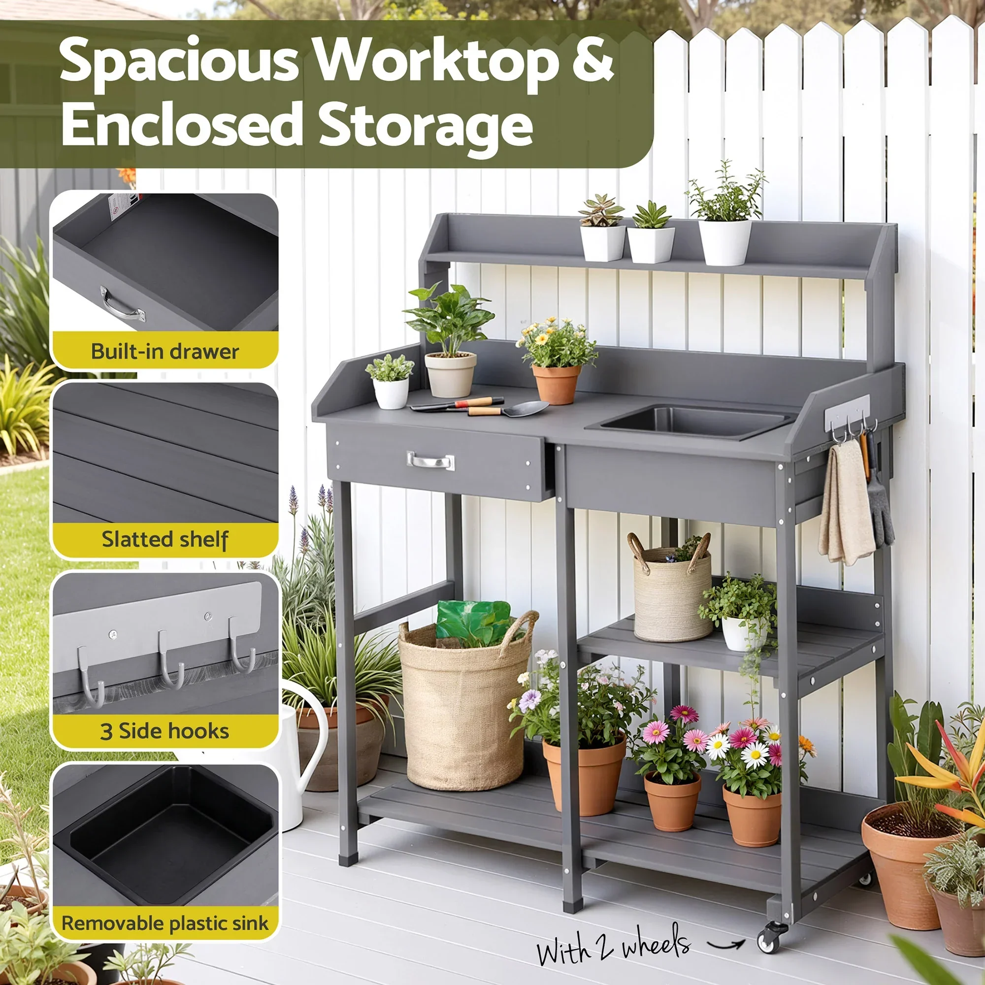 Outdoor Potting Bench Table Storage Cabinet Potters Garden Workstation Grey - Image 2