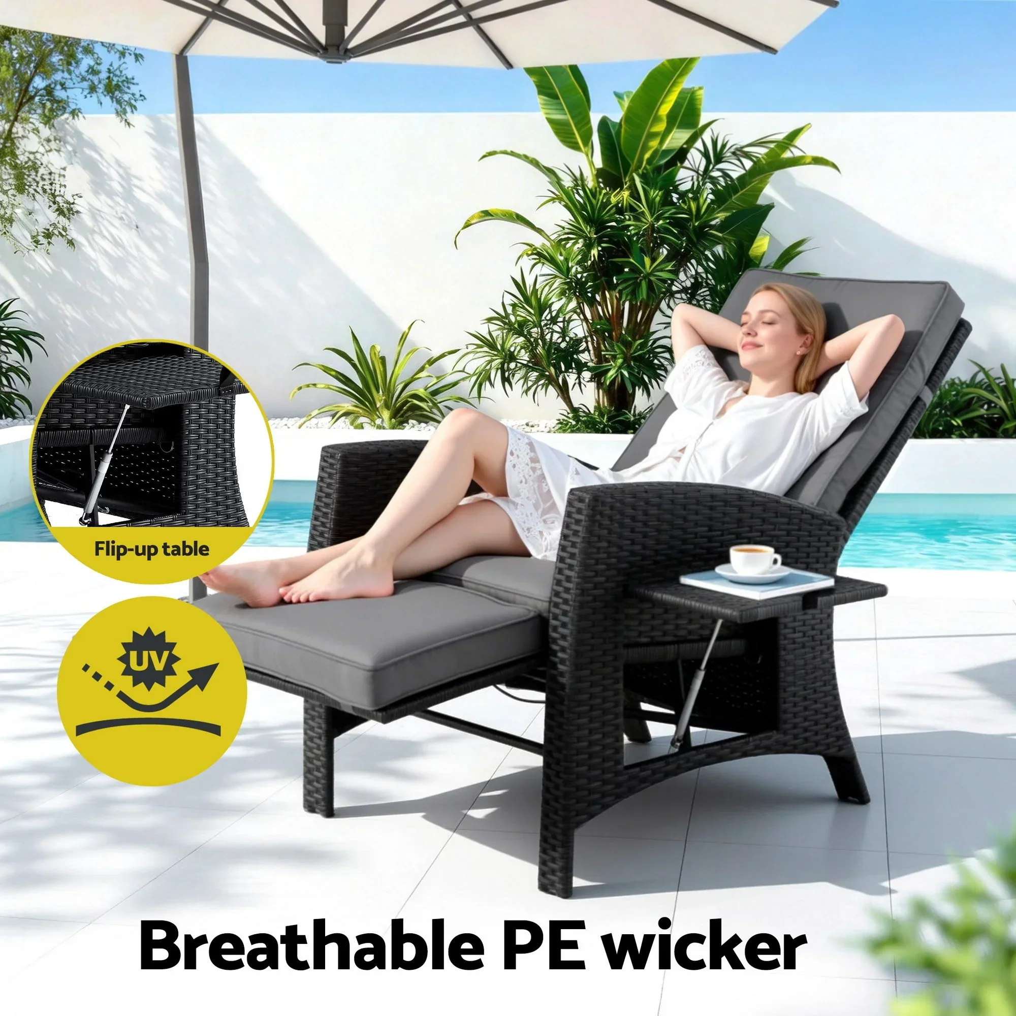 Outdoor Recliner Chairs Sun lounge Wicker Lounger Patio Furniture Adjustable Black - Image 4