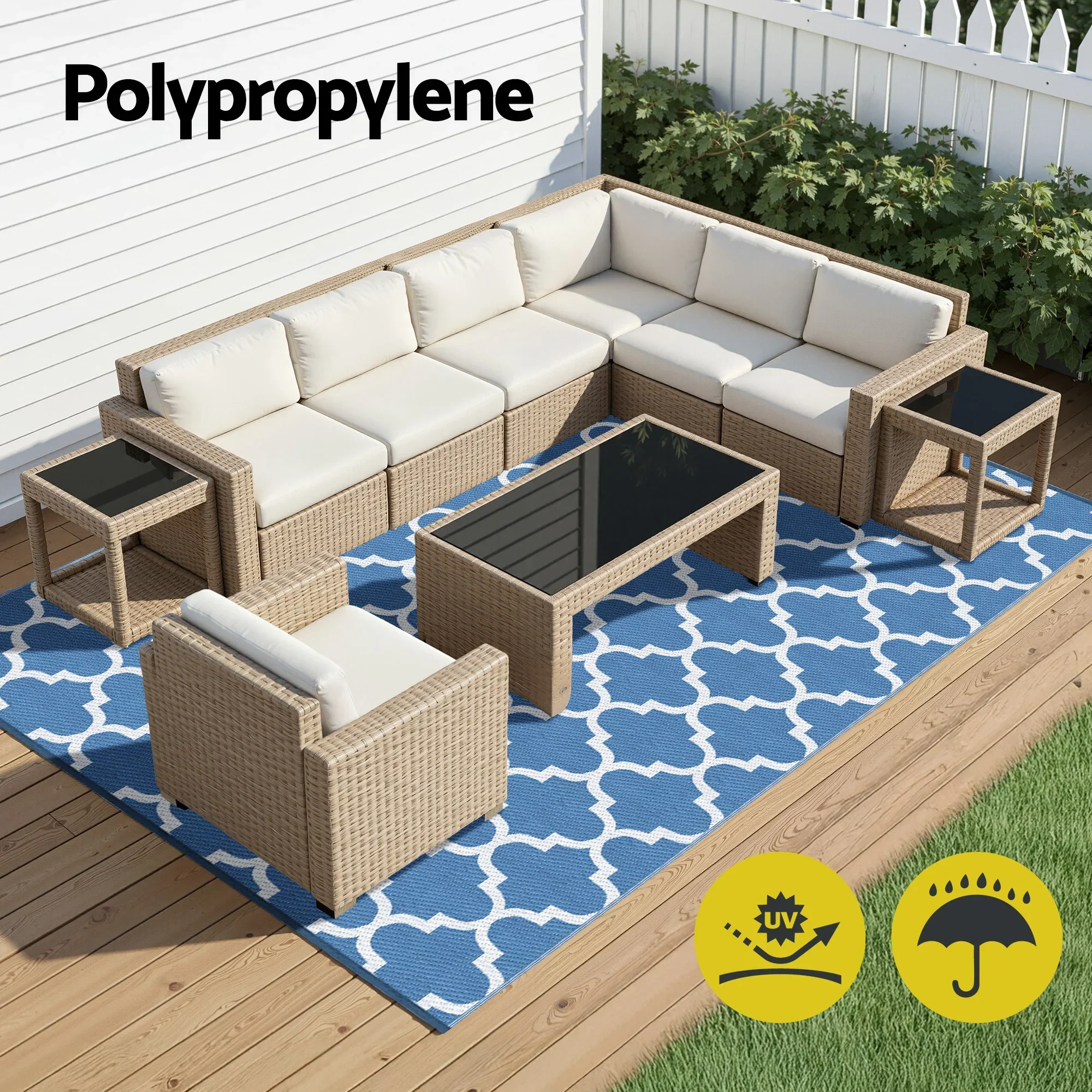 Outdoor Rugs 274x366cm Large Carpet Reversible Area Mat PP Dual-Sided Patio Rug Blue - Image 4