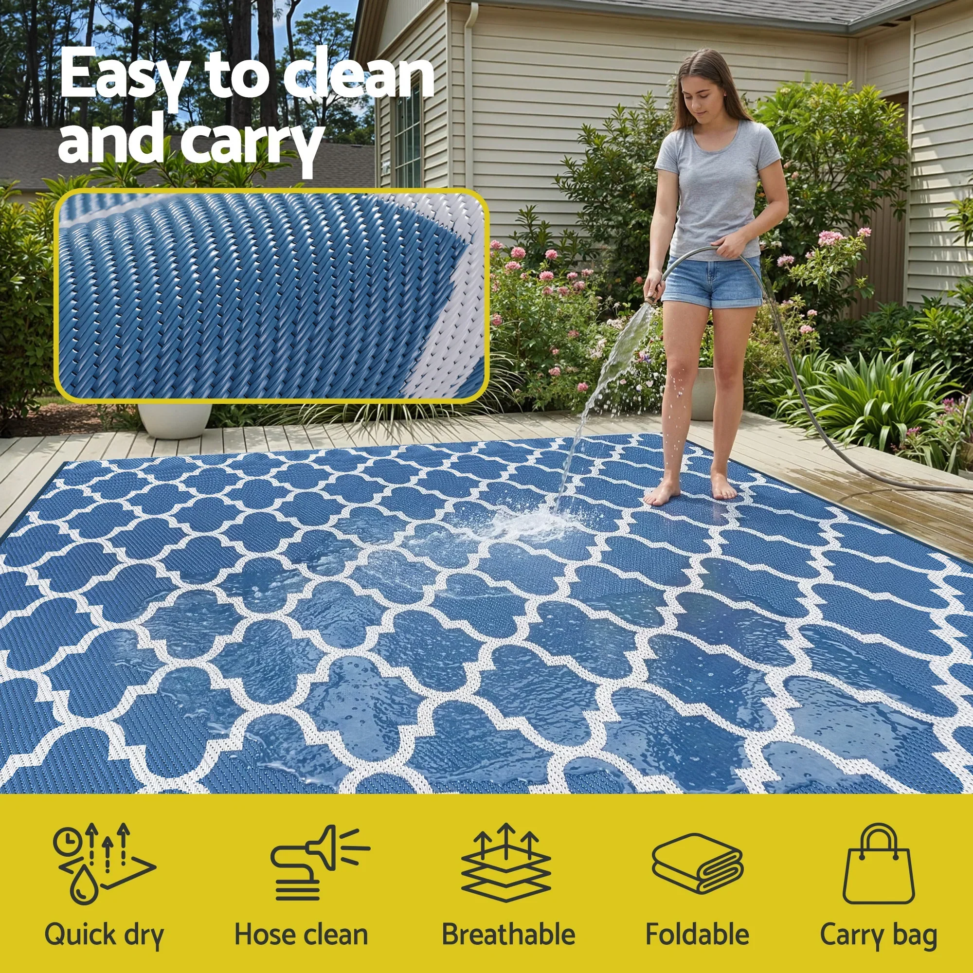 Outdoor Rugs 274x366cm Large Carpet Reversible Area Mat PP Dual-Sided Patio Rug Blue - Image 5