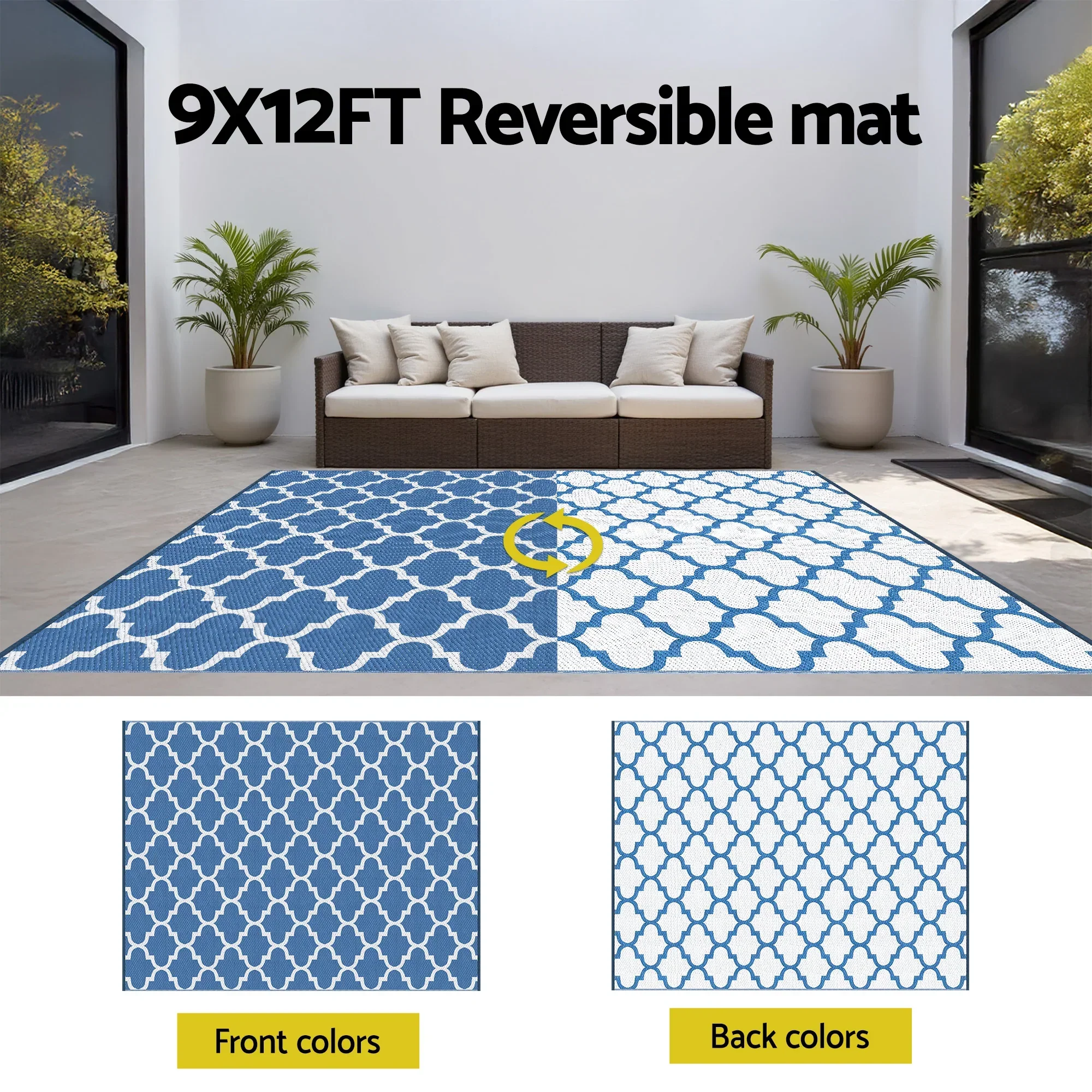 Outdoor Rugs 274x366cm Large Carpet Reversible Area Mat PP Dual-Sided Patio Rug Blue - Image 6