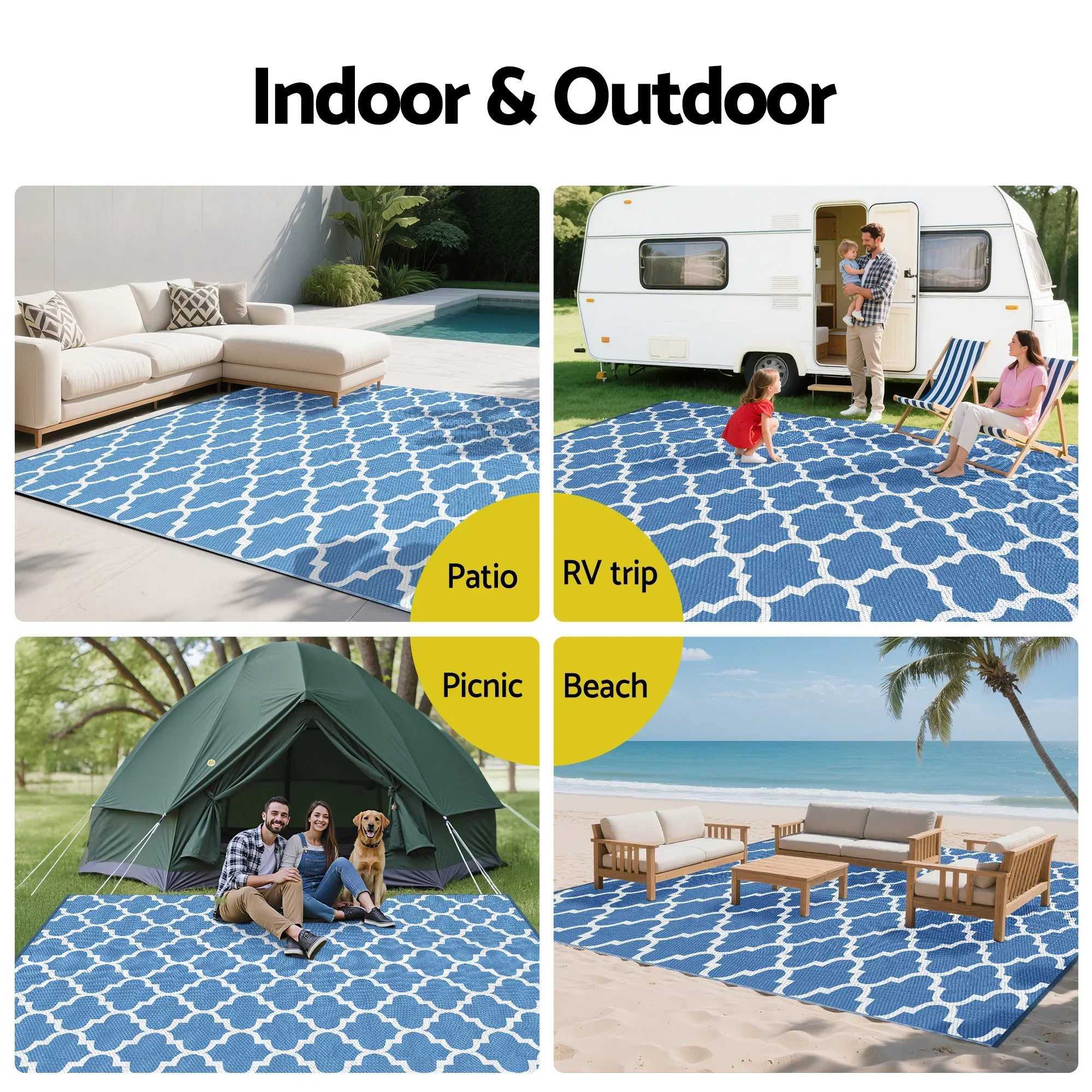 Outdoor Rugs 274x366cm Large Carpet Reversible Area Mat PP Dual-Sided Patio Rug Blue - Image 8