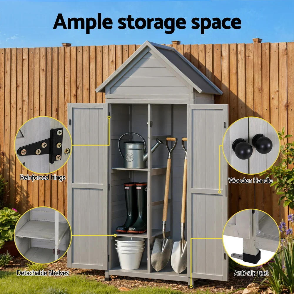Outdoor Storage Cabinet Cupboard Lockable Tool Organizer Shed Adjustable Grey - Image 3