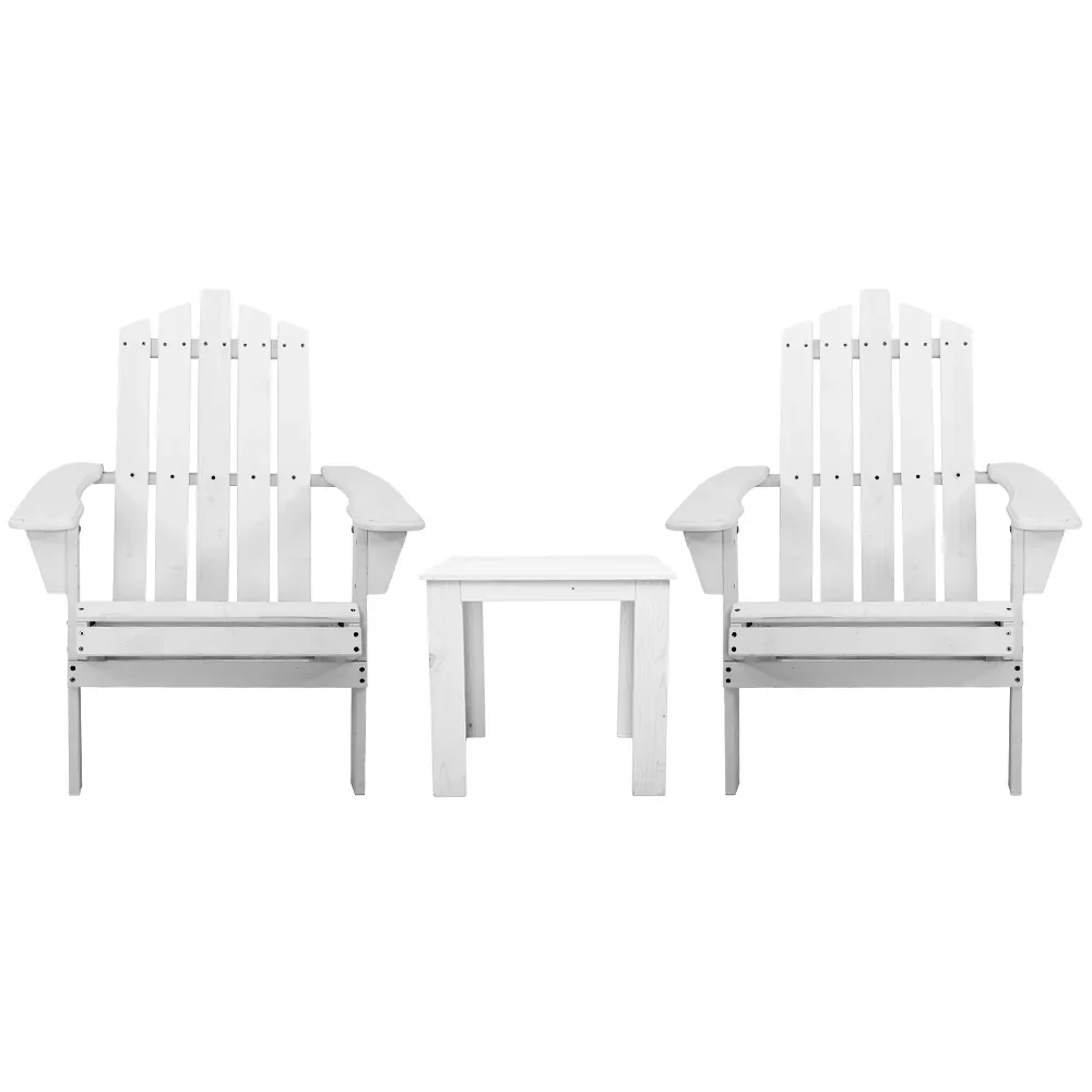 3PC Adirondack Outdoor Table and Chairs Wooden Beach Chair White - Image 3